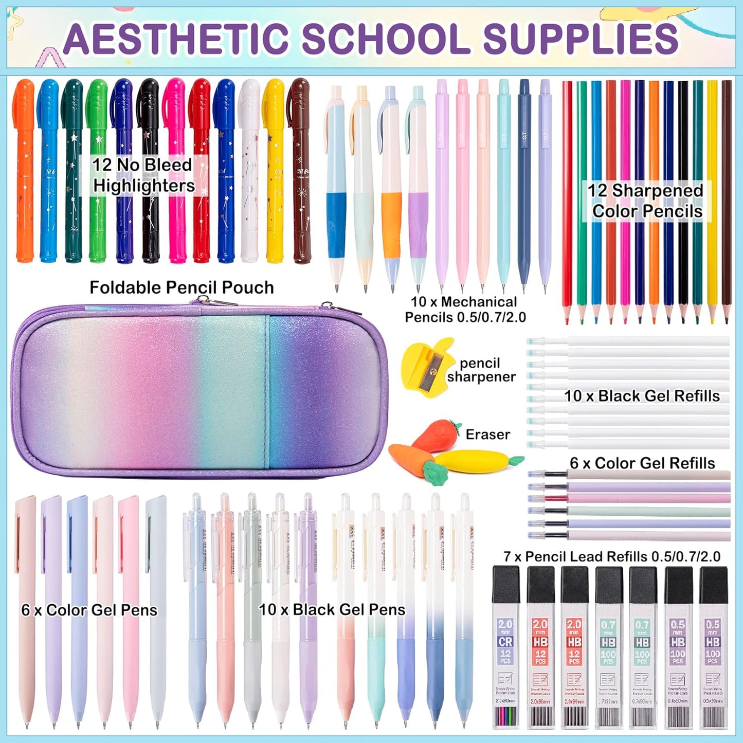 78PCS Mechanical Pencil Set 0.5, 0.7mm, 2.0mm Aesthetic School Supplies With Cute Pencil Case Pouch, 436PCS Lead Refills, 16 Gel Pens, 12 NO Bleed Highlighters