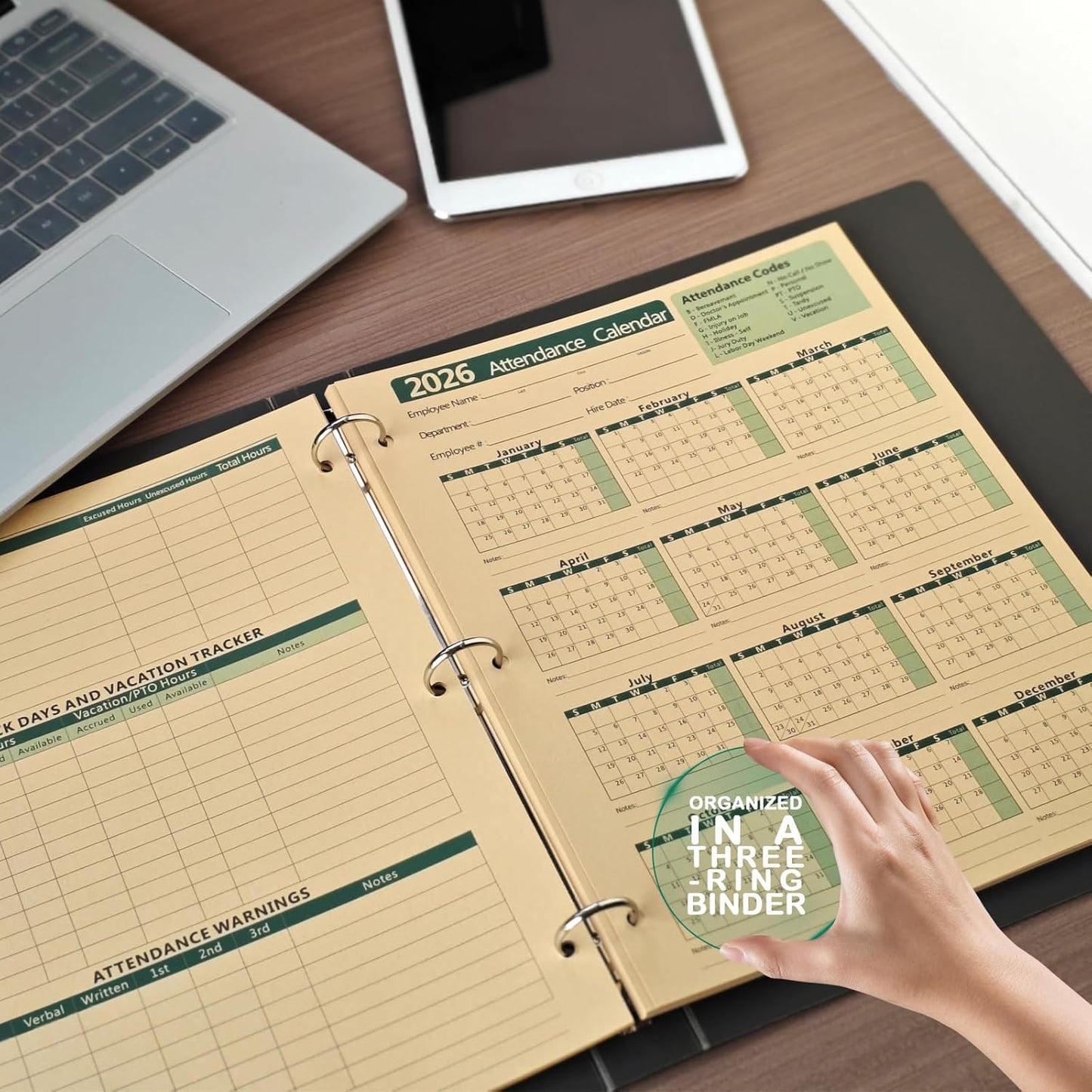 2026 Attendance Calendar Employee Work Tracker Attendance Calendar Cards - 8.5 X 11 Inches Durable and Thick Cardstock/25 Sheets per Pack (Green)