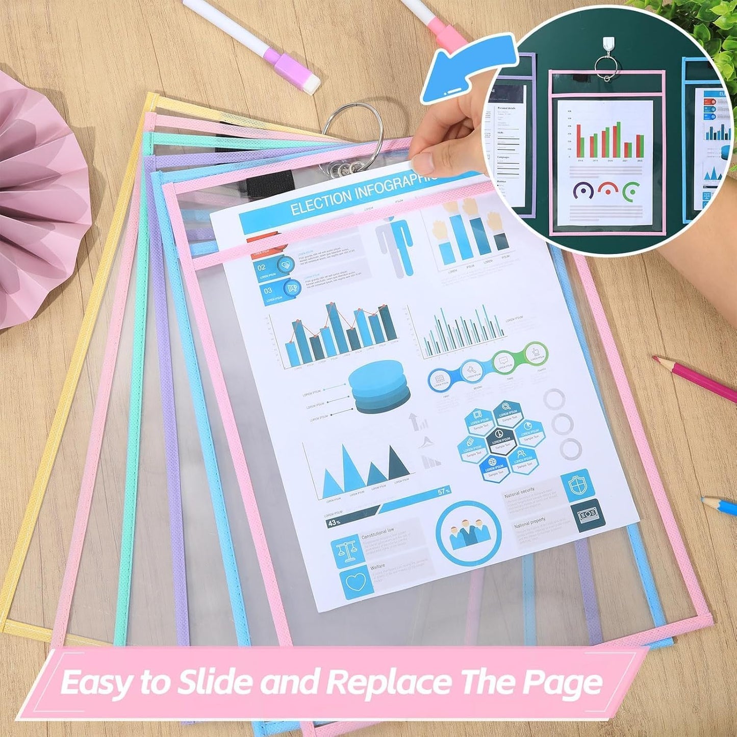 12 Pack Dry Erase Pockets 6 Assorted Colors 8.5 x 11 Inch Clear Plastic Sheet Protectors Dry Erase Pocket Sleeves Teacher School Office Supplies (Pastel)