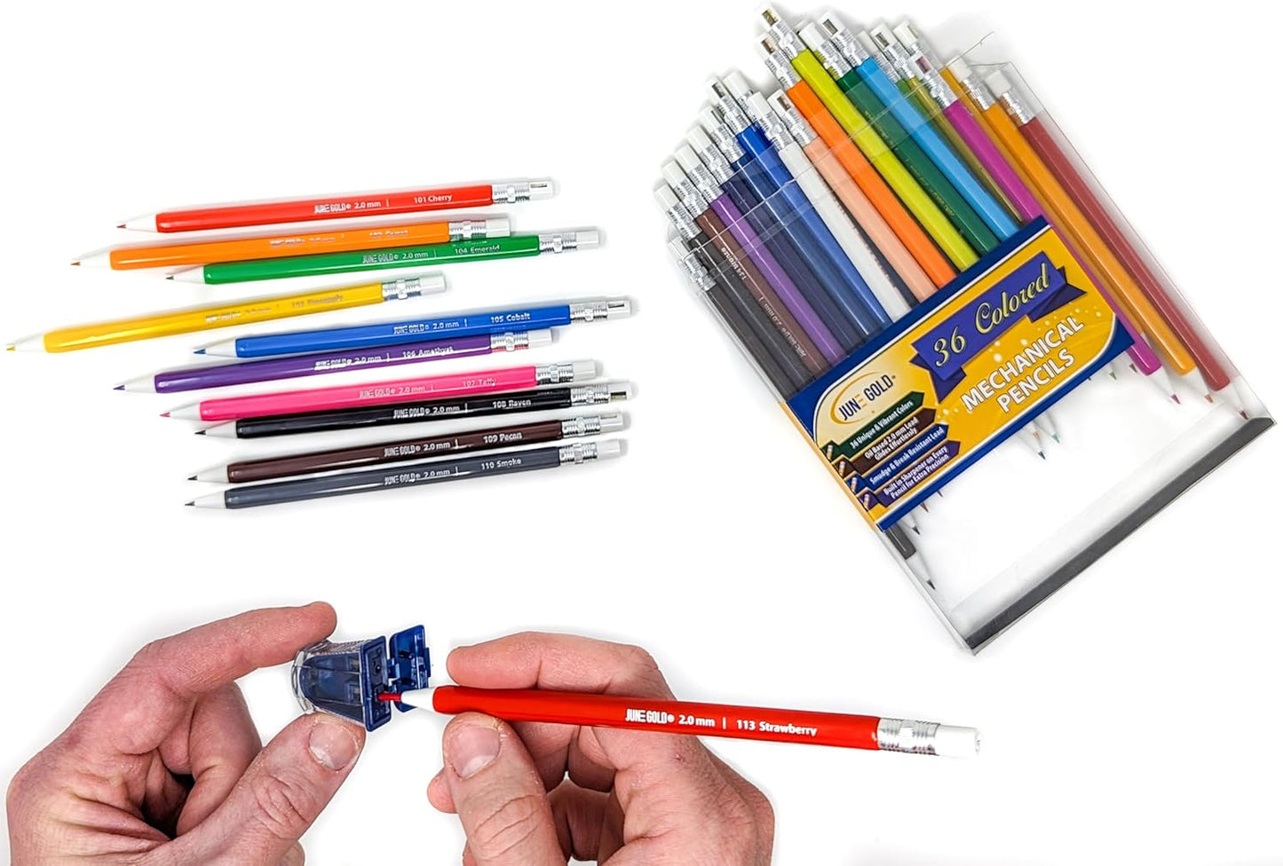 June Gold 36 Assorted Colored 2.0 mm Mechanical Pencils with 36 Unique Color Leads, 36 Extra Refills, 2 Independent Sharpeners, Color Name is Printed on Each Pencil Barrel, Built in Rear Sharpener