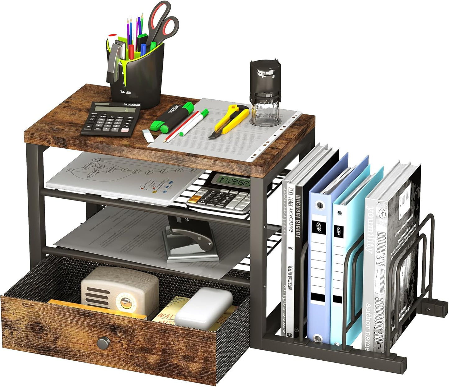 Wood Desk Organizer with Drawers, Desk File Organizer with 3 Vertical File Holders, File Shelf,Storage for Mail, Supplies,Classroom Organization