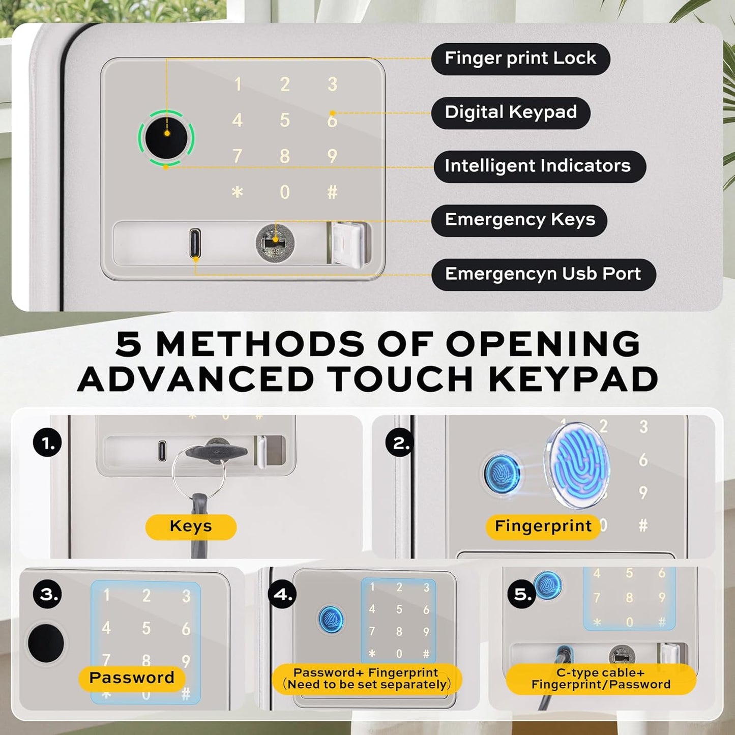 Biometric Safe for Home, 0.6 Cube Feet Auto-Open Fingerprint Safe with Touch Screen, Alarm System & Removable Shelf, Small Money Box for Cash, Jewelry, Documents, Home Office Use,White