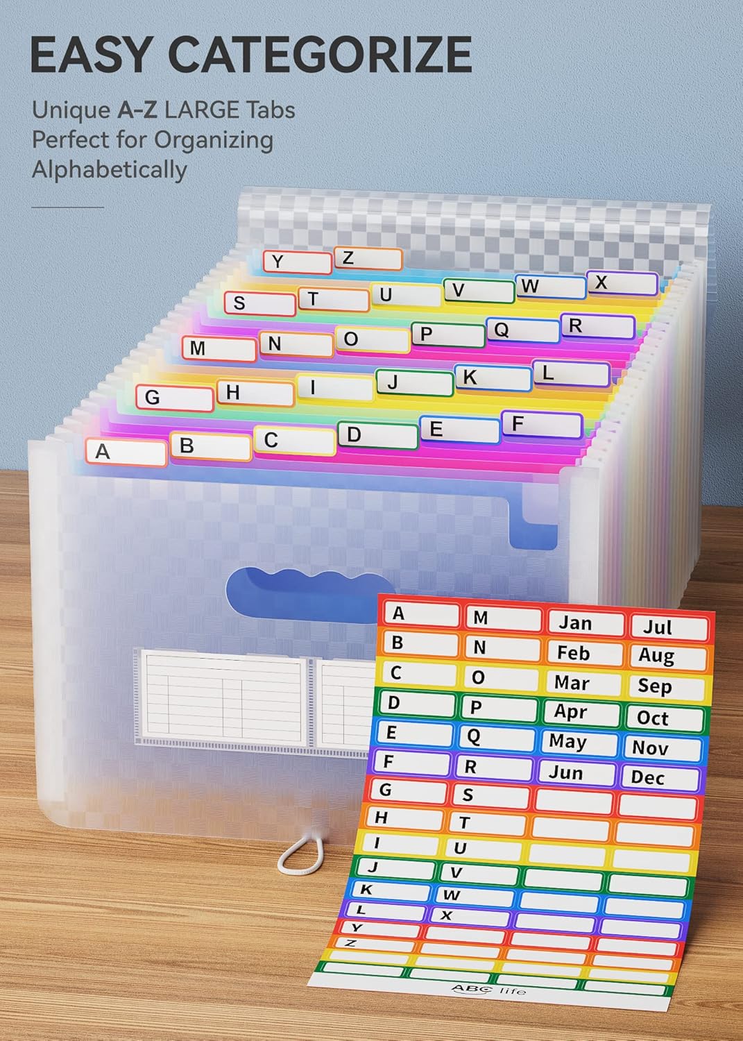 ABC life 26 Pockets Accordian File Folder Organizer Letter Size Expanding File Folder, A4 Portable Document Paper School Organizer, Expandable Multicolor Accordion Filing Folders with Labels(Blue)