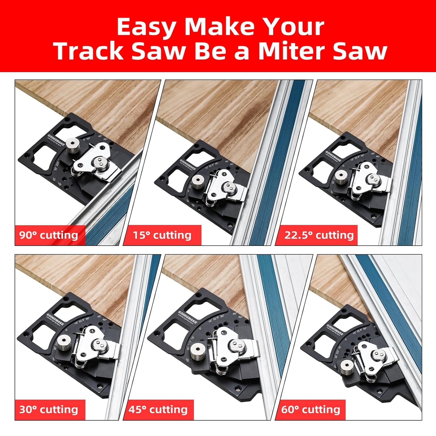 Adjustable Angle Track Saw Square with -60° to 60° Quick Positive Angle Stop,Guide Rail Square,Protractor,90 Degree Right Angle Rail Square Guide Compatible with Festool and Makita