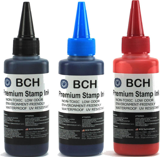 BCH Premium Stamp Ink Refill – Black, Blue & Red Ink Colors – Long-Lasting, Quick-Drying, Waterproof Ink Refill for Rubber & Self-Inking Stamps – 75 ml Each Bottle (225 ml Total)