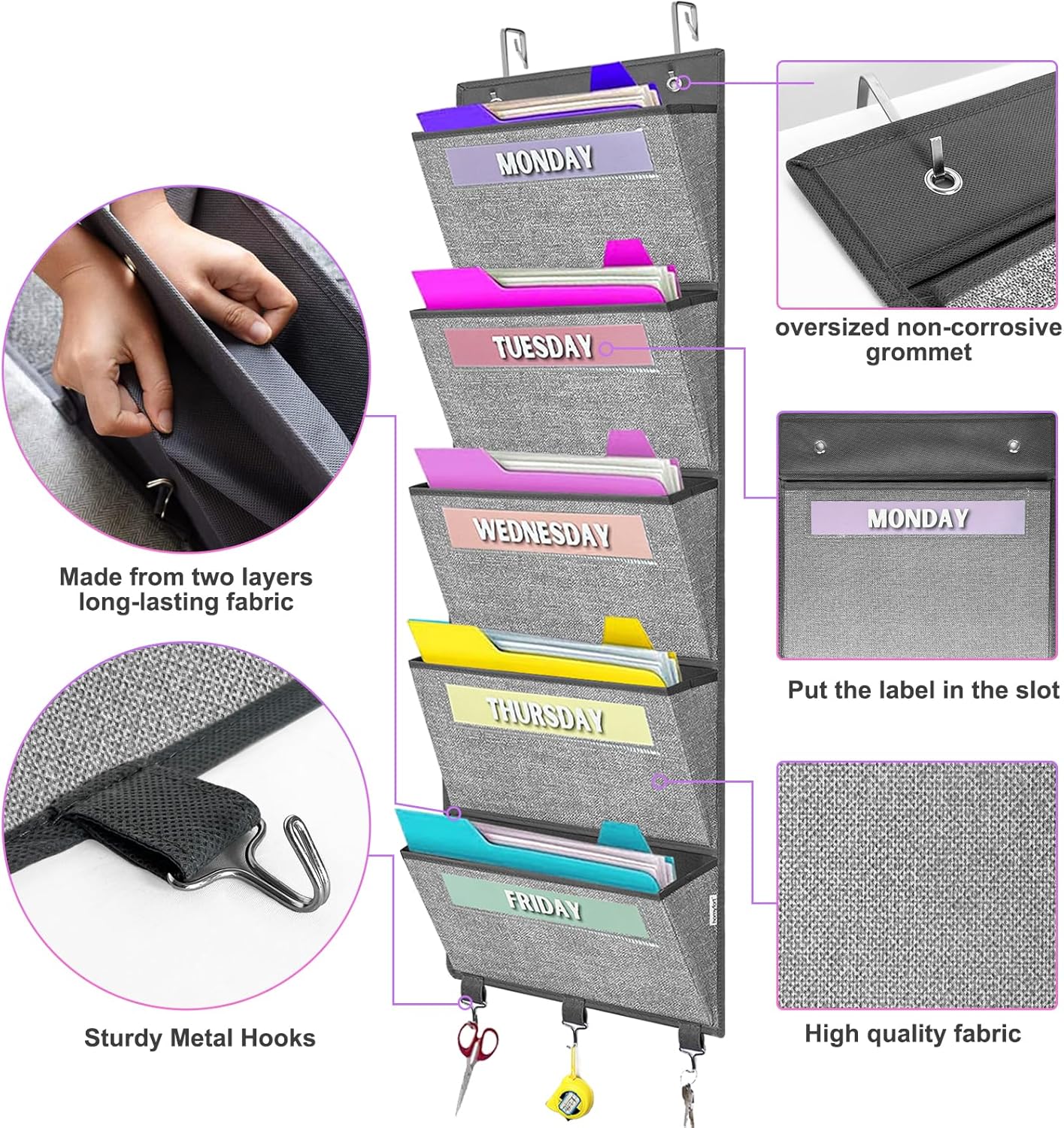 homyfort Over the Door hanging File Organizer, Weekly Hanging File Folders, Wall Organizers and Storage for Mail, Magazine, Notebooks, Office, Classroom, 5 Large Pockets, 50.39” Tall, Grey