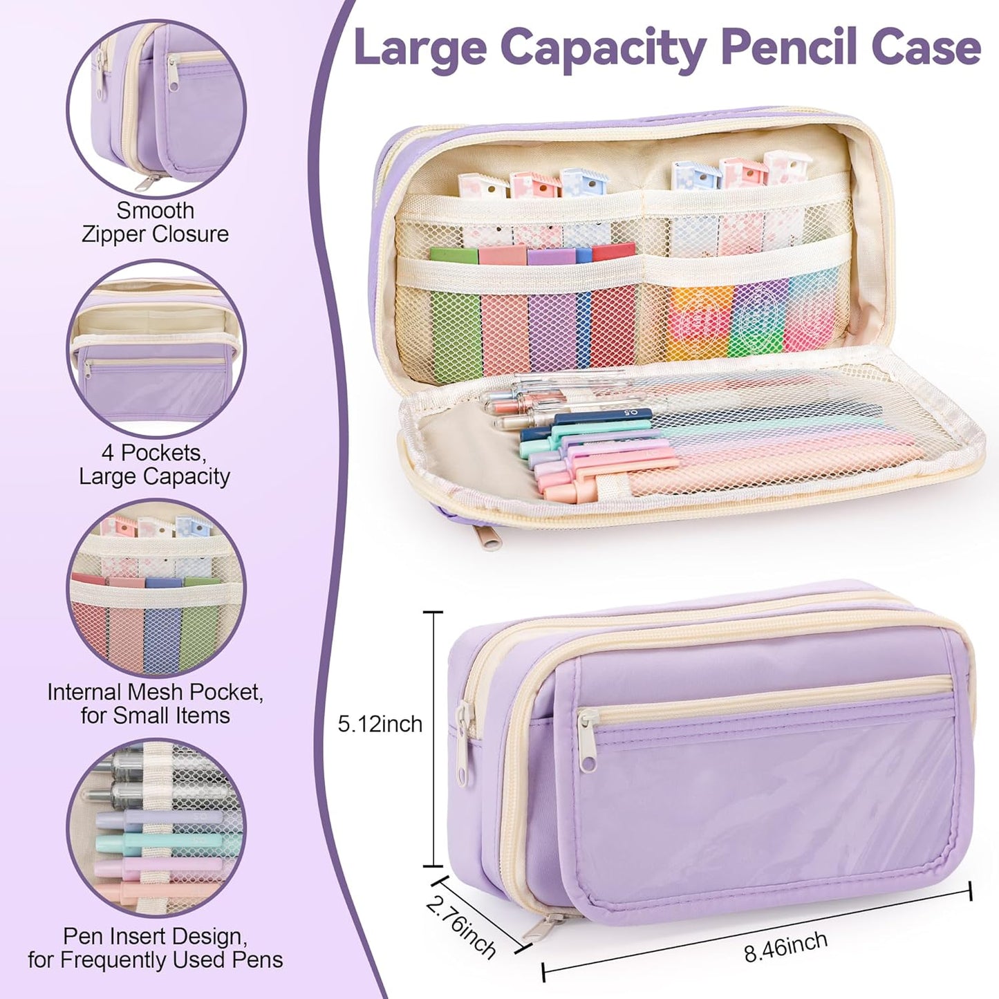 61 PCS Aesthetic School Supplies with Cute Pen Case, Pastel Highlighters, Gel & Erasable Pens, Mechanical Pencils, Refills, Complete Essentials Stationery Kit for Students (Purple)