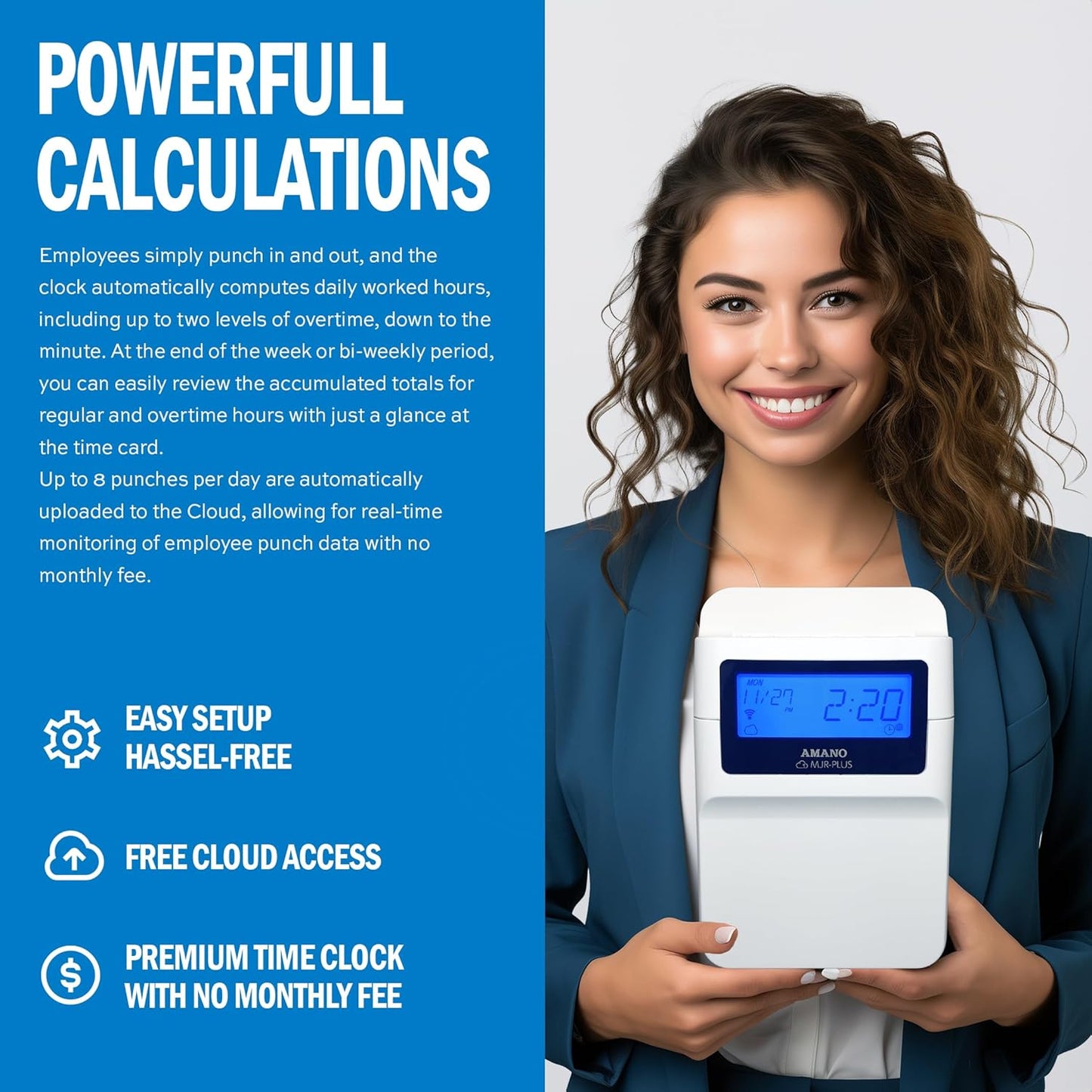 AMANO Calculating Time Clock with WiFi Connection to Free Cloud APP: View Employee Punch Times Remotely from Anywhere, Anytime (MJR-PLUSEZ)