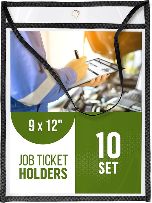 10 Pack Hanging Job Ticket Holders with Strap 9x12 in - Black Shop Ticket Holders with Hanging Strap - Heavy Duty Work Order Plastic Sleeves 9 x 12 in - Clear Plastic Sleeve - Hanger Dry Erase Pockets