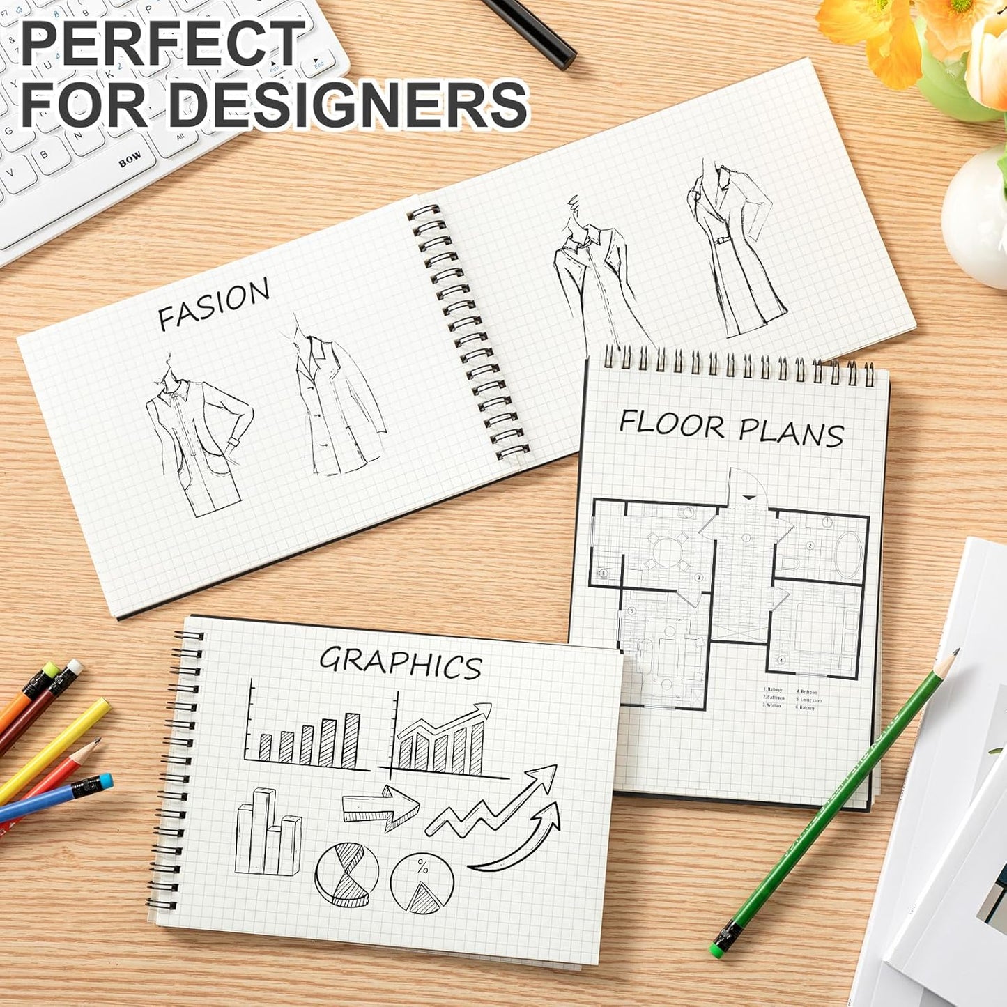 6 Pack Graph Paper Spiral Notepad A5 Top Wirebound Notepad Grid Notebook Steno Pads Memo Notebook Grid Paper 140 Pages for Writing Sketching Drawing Office Supplies (Black)