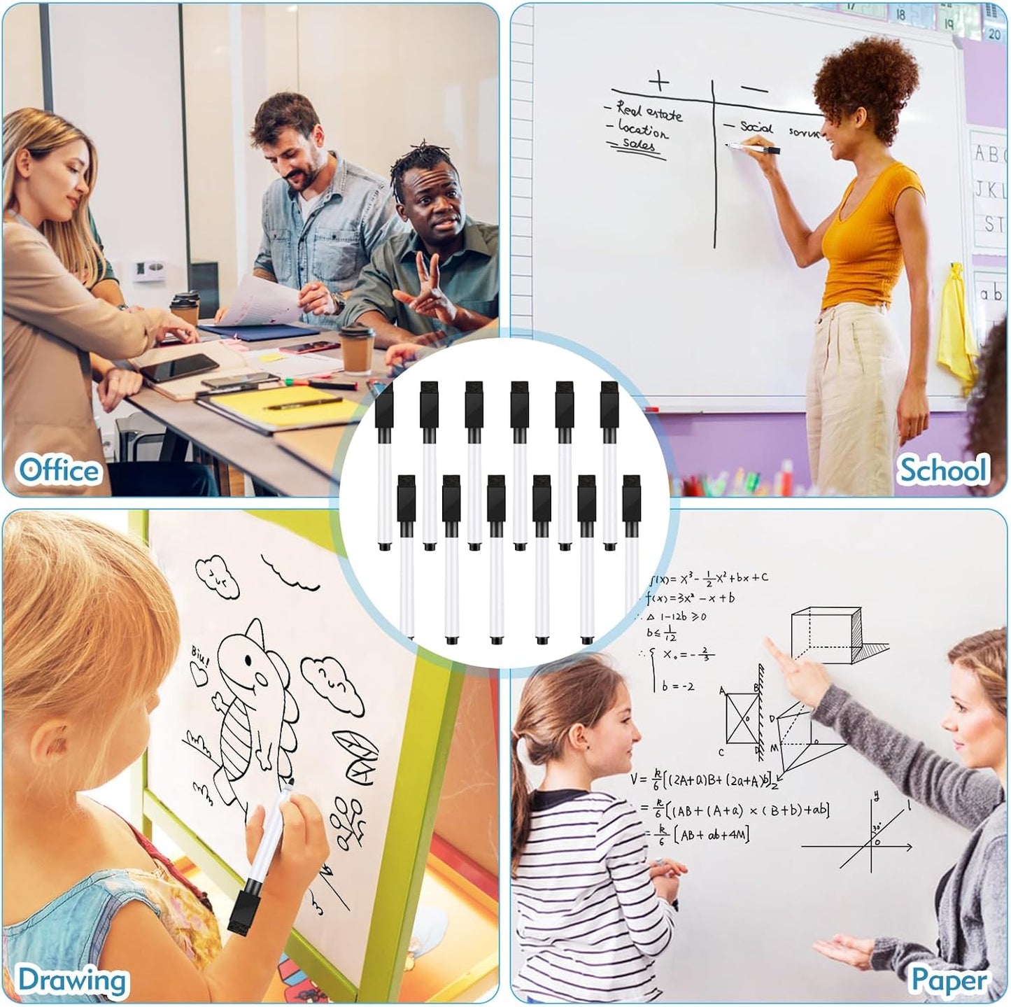 12 Pcs Black Dry Erase Markers, Whiteboard Dry Erase Markers Fine Tip Small Magnetic Dry Erase Marker with Eraser Cap for School, Home, Office Supplies