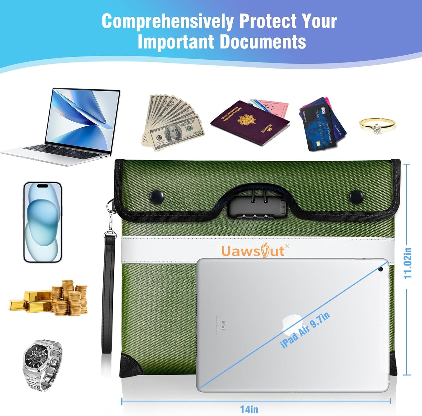 5200℉ Fireproof Document Bag with Lock, Portable Money Bag with Zipper Closure, Waterproof Envelope with Reflective Strip for A4 Letter, Tablet, Valuables, Cash and Passport(14.3"x11.2", Green)