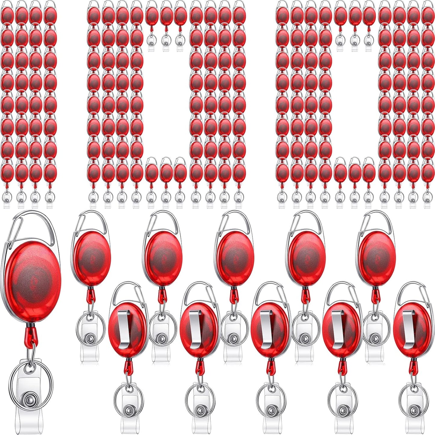 100 Pack Retractable Badge Reels Bulk Heavy Duty Badge Reel Holders with Carabiner Belt Clip and Keychain for Lanyard Card Nurse School Office Employee (Clear Red)
