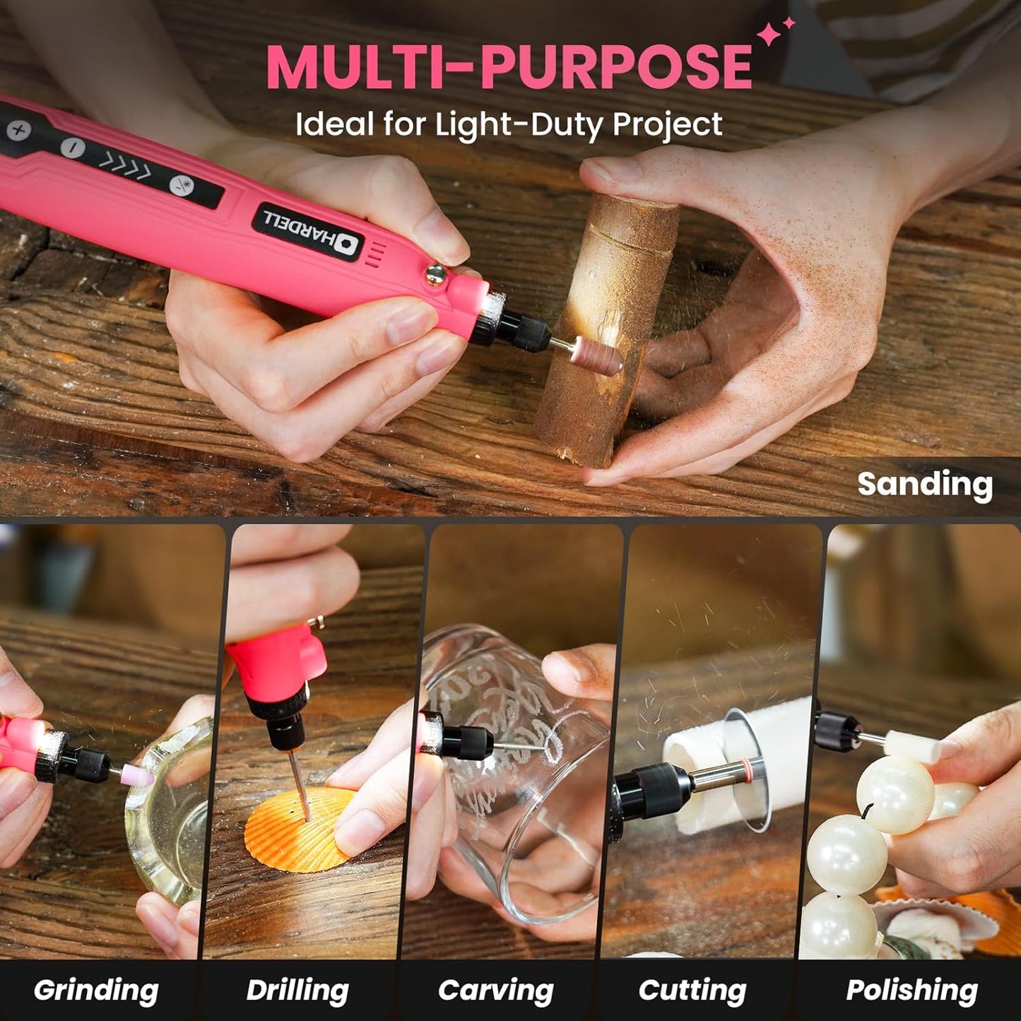 HARDELL Mini Cordless Rotary Tool, 5-Speed 3.7V Rechargeable Rotary Tool Kit with 61 Accessories, USB Charging Multi-Purpose DIY Tool for Sanding, Polishing, Drilling, Engraving, Woodworking