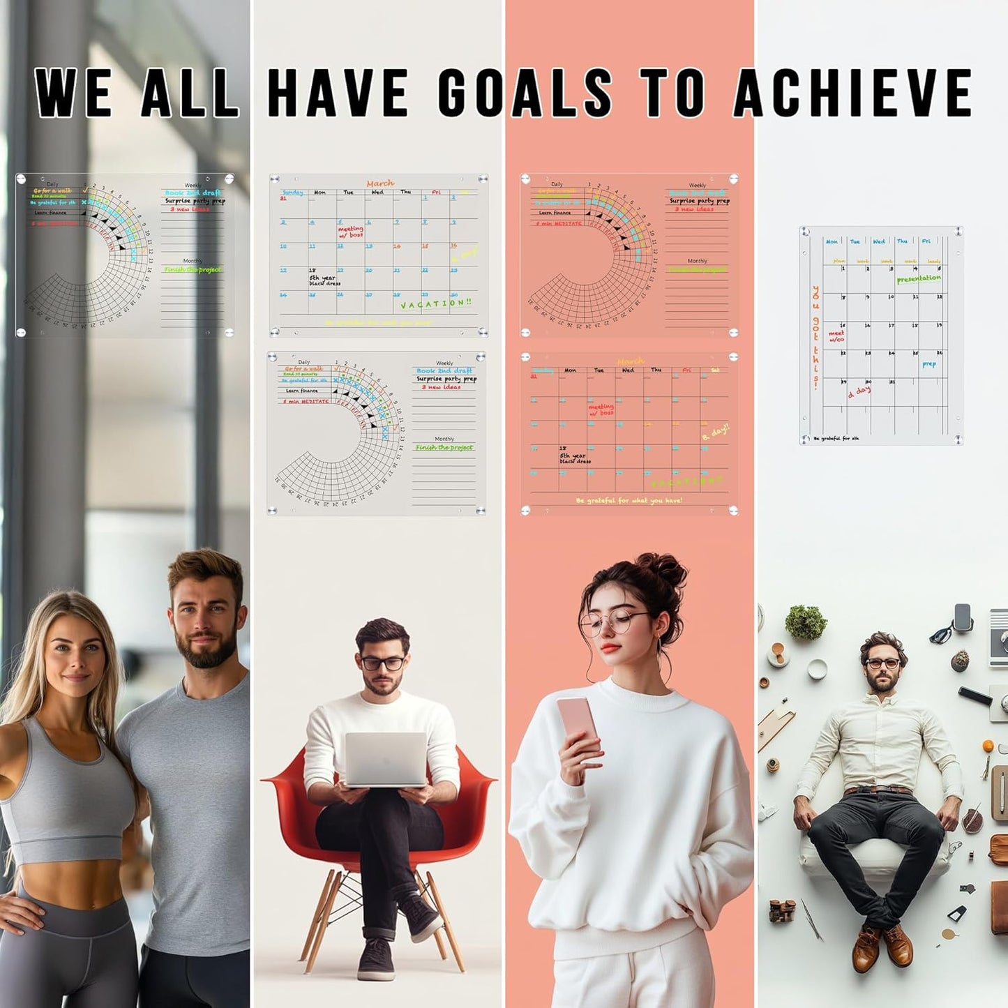 Acrylic Calendar and Habit Tracker Set - Magnetic Acrylic Calendar for Fridge - Clear Magnetic Planner for Refrigerator - Clear Dry Erase Board for Wall with pens, holder, eraser - The Goal Tracker