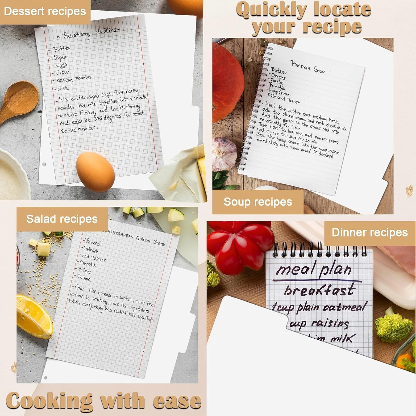 12 Sheet Recipe Dividers for 3 Ring Binder with 4 Tabs 9 3/4”×11” Paper Recipe Binder Dividers Blank Recipe Organizer Personalized Family Recipe Binder for Kitchen (White)