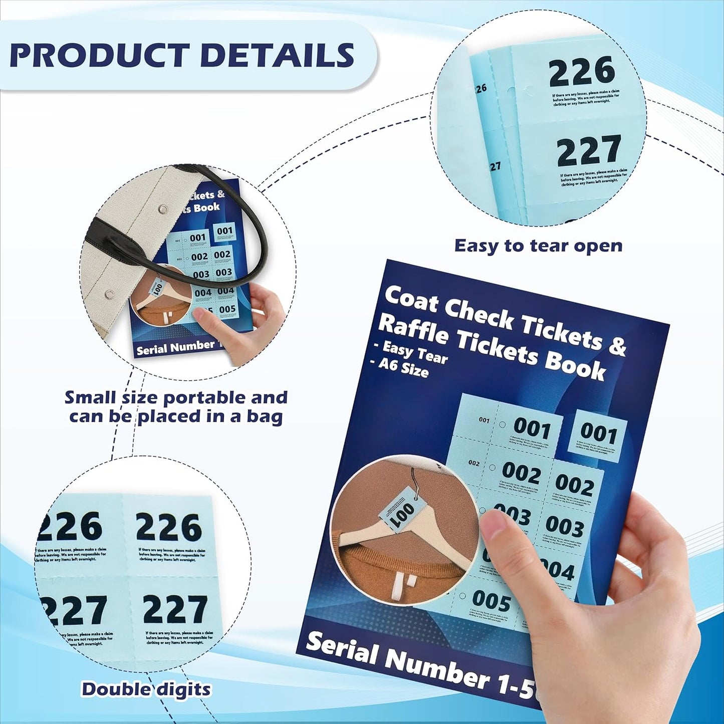 500 Pcs Coat Check Tickets 2 Part Book Bulk 5.8x4.2 Inch A6 Paper Coat Room Tags Raffle Tickets Coat Check Tags 1 to 500 with Hole for Cloakroom Storage or Event Raffle Draws (Blue) (1)