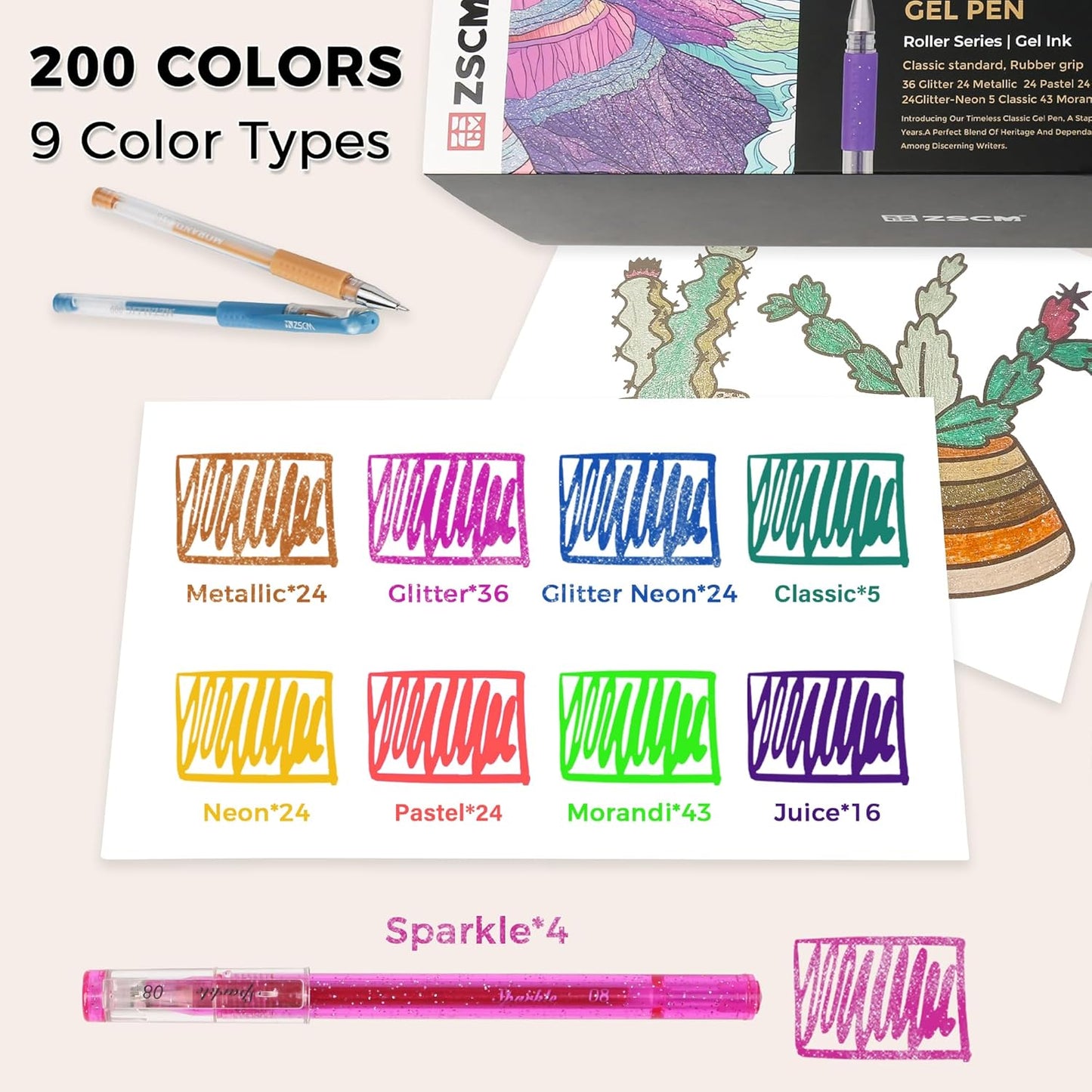 400 Pack Gel Pens for Adult Coloring Book, 200 Artist Colored Pens With 200 Refills, Fine Tip Metallic Glitter Gel Pens for Drawing Doodling Journaling Craft Art Supplies