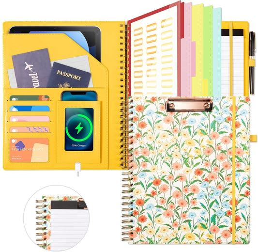 Clipboard with Storage for Men Women, Leather Padfolio Portfolio Organizer 5 Folders with 10 Pockets, Spiral Clipboard Folio with Notepad for Letter Size, Elastic Closure and Pen Loop Floral