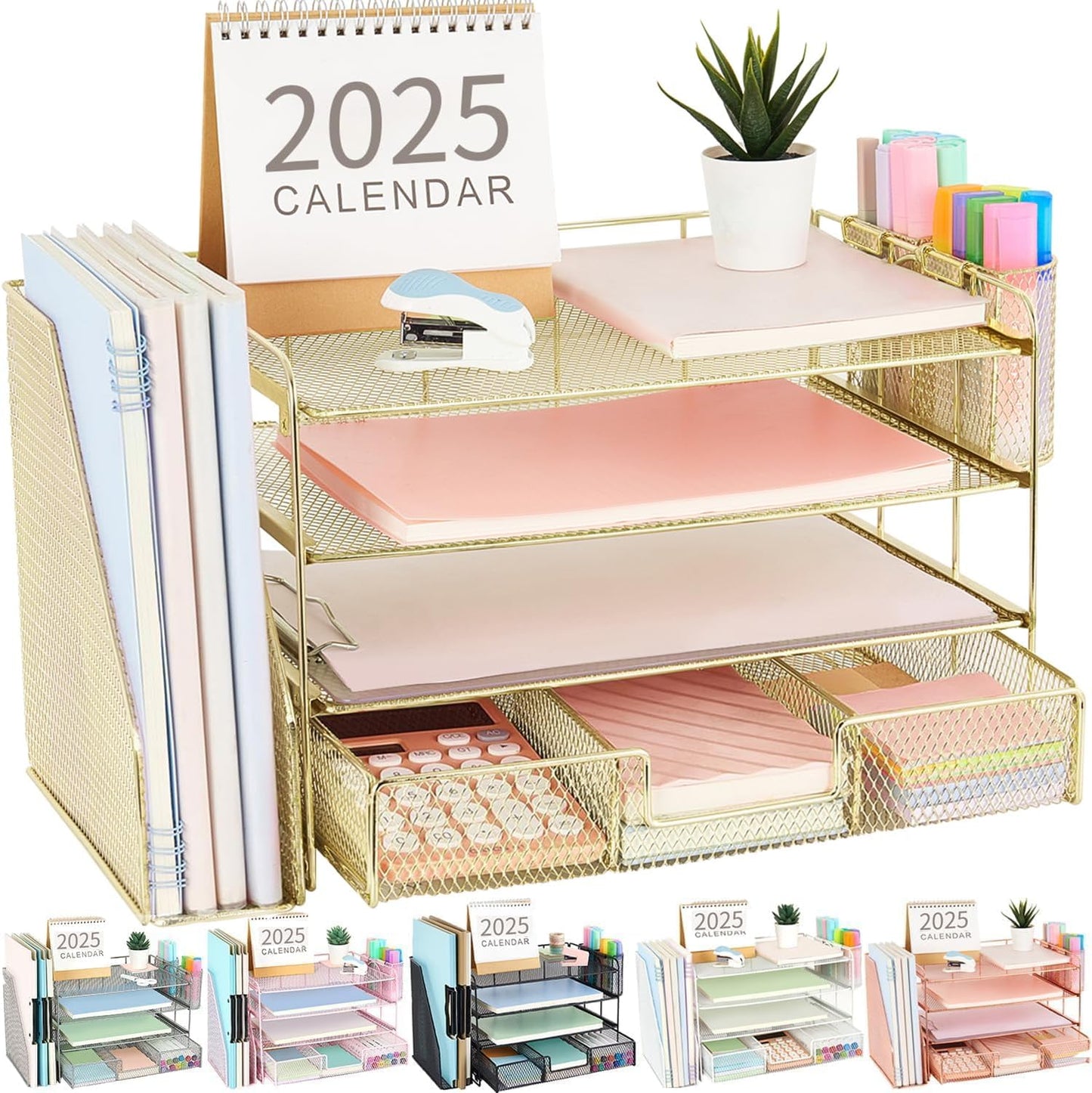 gianotter Desk Organizers and Accessories with File Holder, 4-Tier Desk Accessories & Workspace Organizers with Drawer and 2 Pen Holder, Paper Organizer for Office Supplies(Gold)