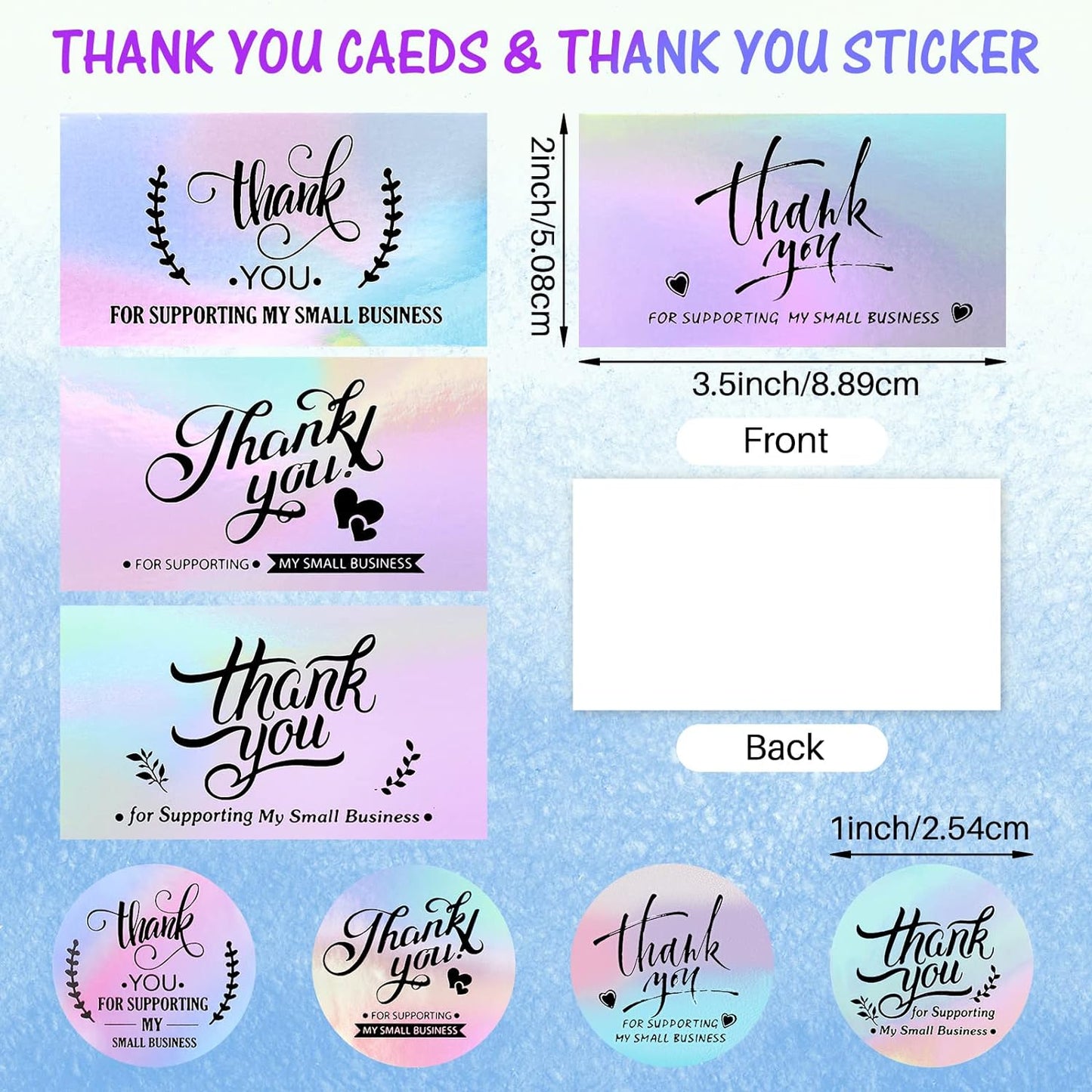 1120 Pcs Thank You Cards and Stickers Set, Include 120 Business Card 1000 Roll Labels Thank You for Supporting My Small Business Stickers Package Insert(Holographic Style)
