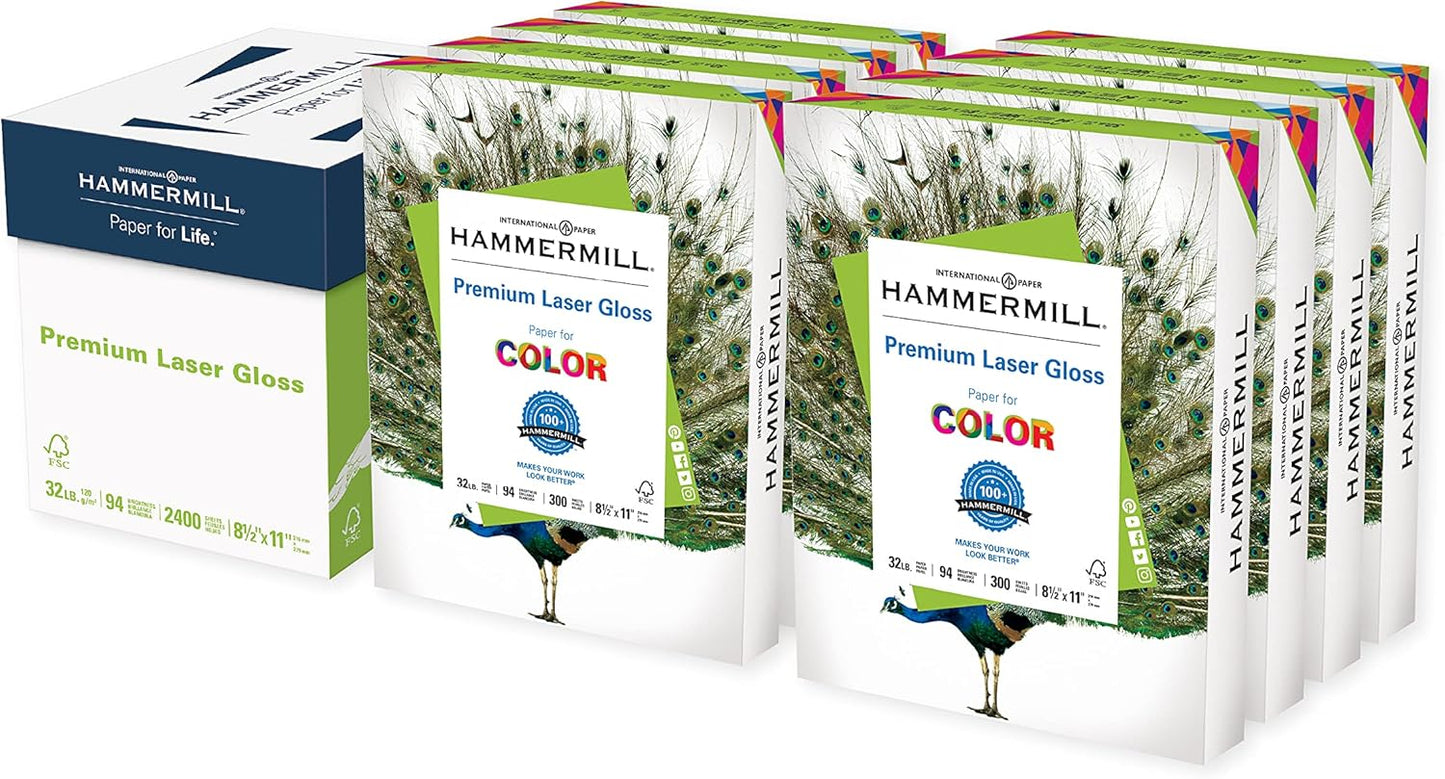 Hammermill Glossy Paper, Laser Gloss Copy Paper, 8.5 x 11 - 8 Pack (2,400 Sheets) - 94 Bright, Made in the USA Glossy Printer Paper, 163110C