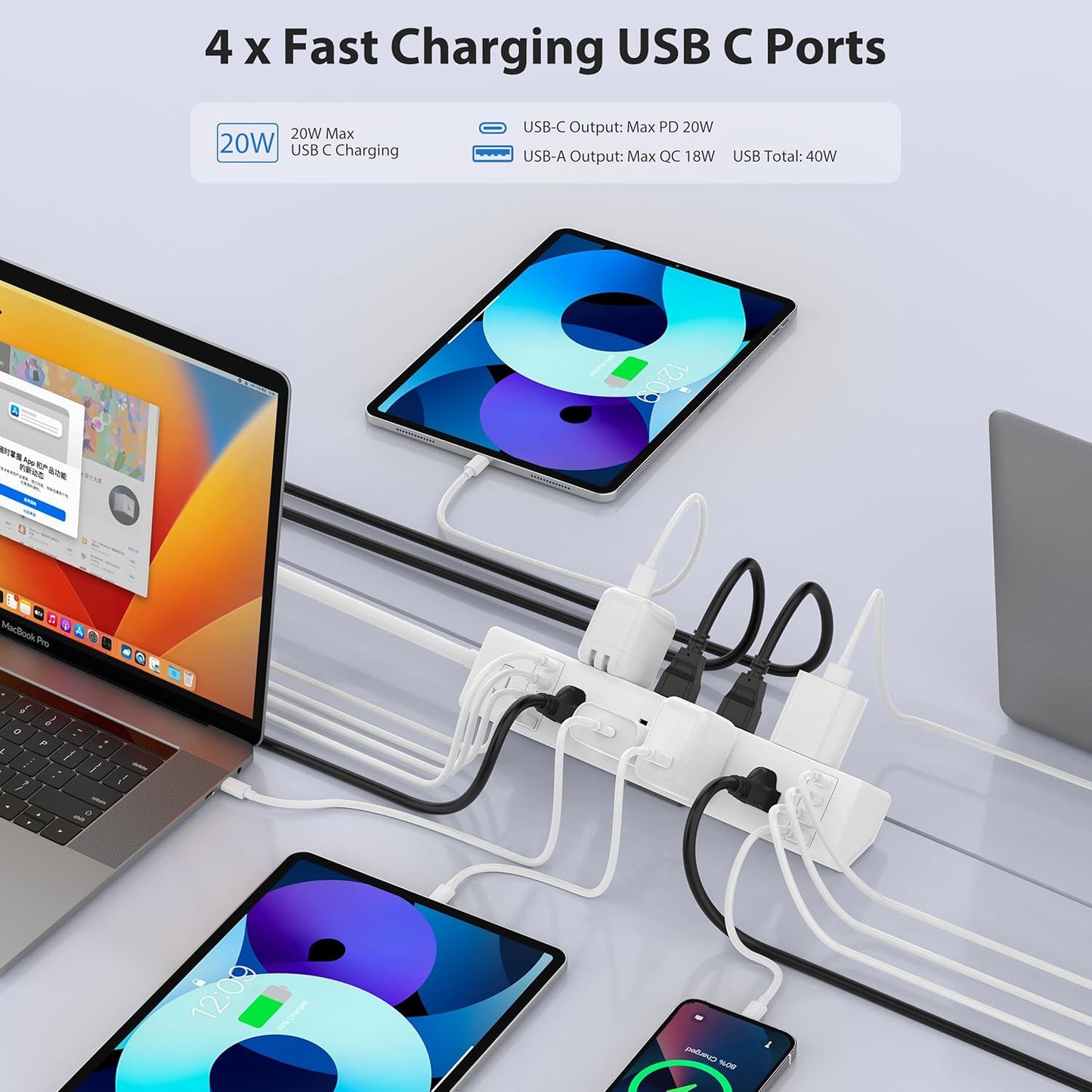 40W Fast Charging Station,Desk Clamp Power Strip 20W USB C,8 Outlets,8 USB Ports,4 USB C and 4 USB A, Office Furniture Surge Protector, 14AWG Cord, Fits 1.9" Tabletop Edge (White, 10FT Length)