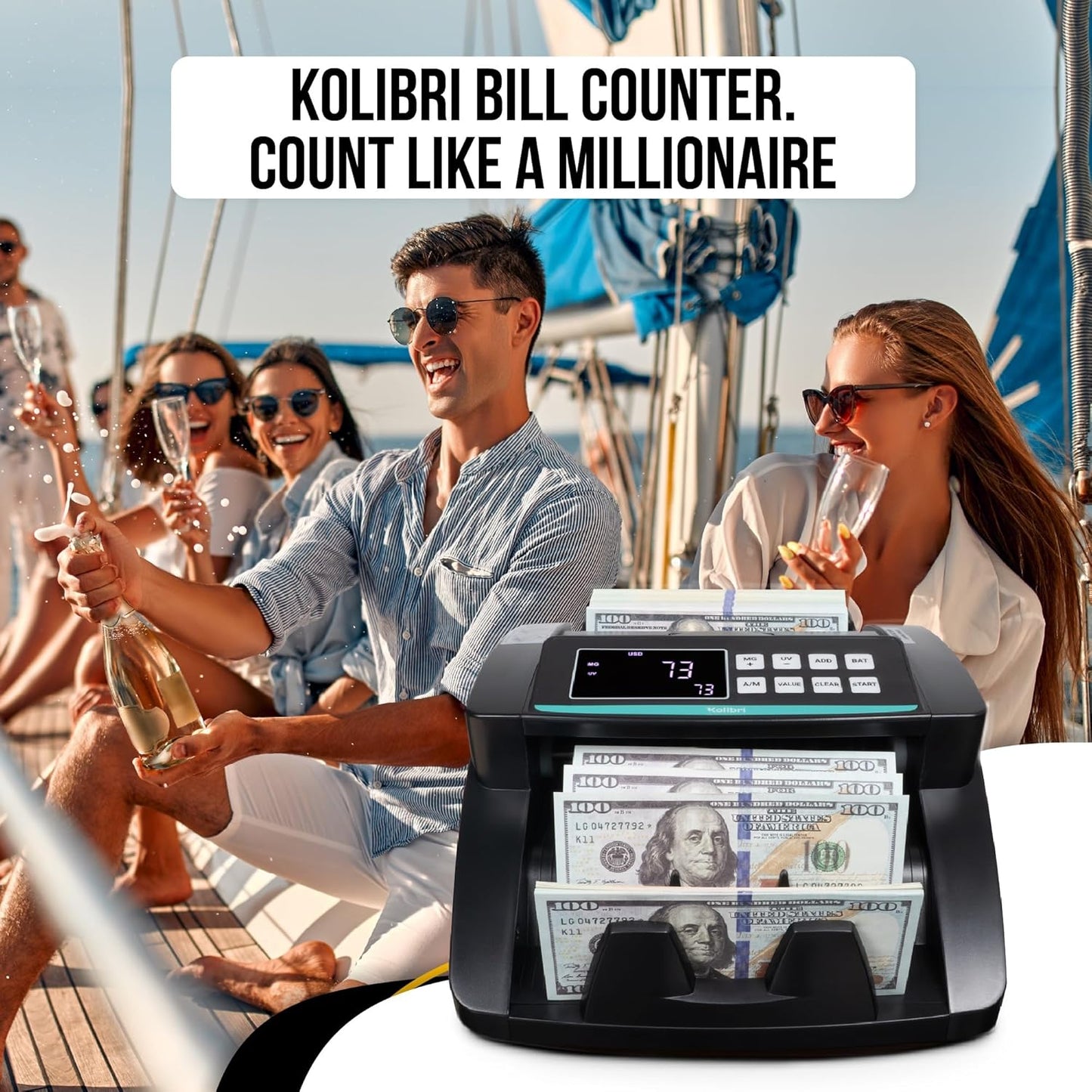 KOLIBRI Money Counter Machine with Advanced Fake Detection & LCD Display | 1,500 Bills per Minute Single-Denomination Cash Counter | Bill Counter Machine (US Customer Support)