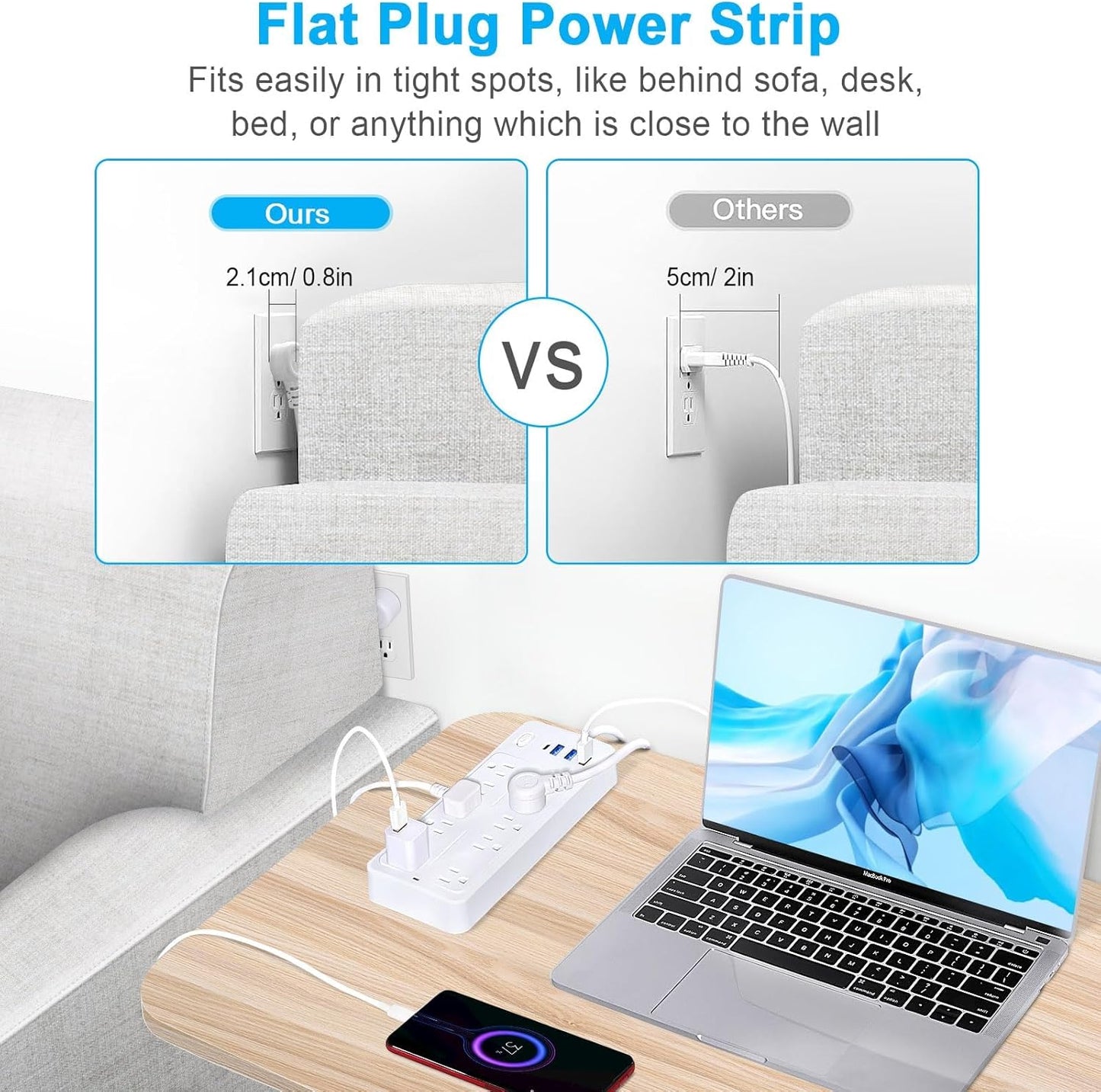 20FT Power Strips with Surge Protection 1625W/13A, 10 Outlets with 4 USB Ports (1 USB C) Long Extension Cord with Multiple Outlets 14-in-1 1700J 16Awg Flat Plug Power Strip Protector White ETL Listed