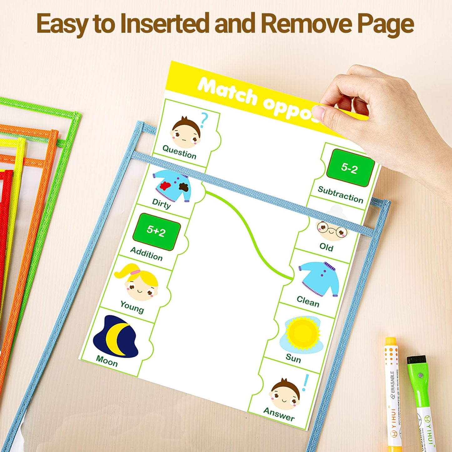 50 Pack Oversized Dry Erase Pocket Sleeves - 10 x 13 Inch Ticket Holders Reusable Clear Plastic Sleeves Sheet Page Protectors for School Teacher Supplies & Classroom Organization, 5 Colors