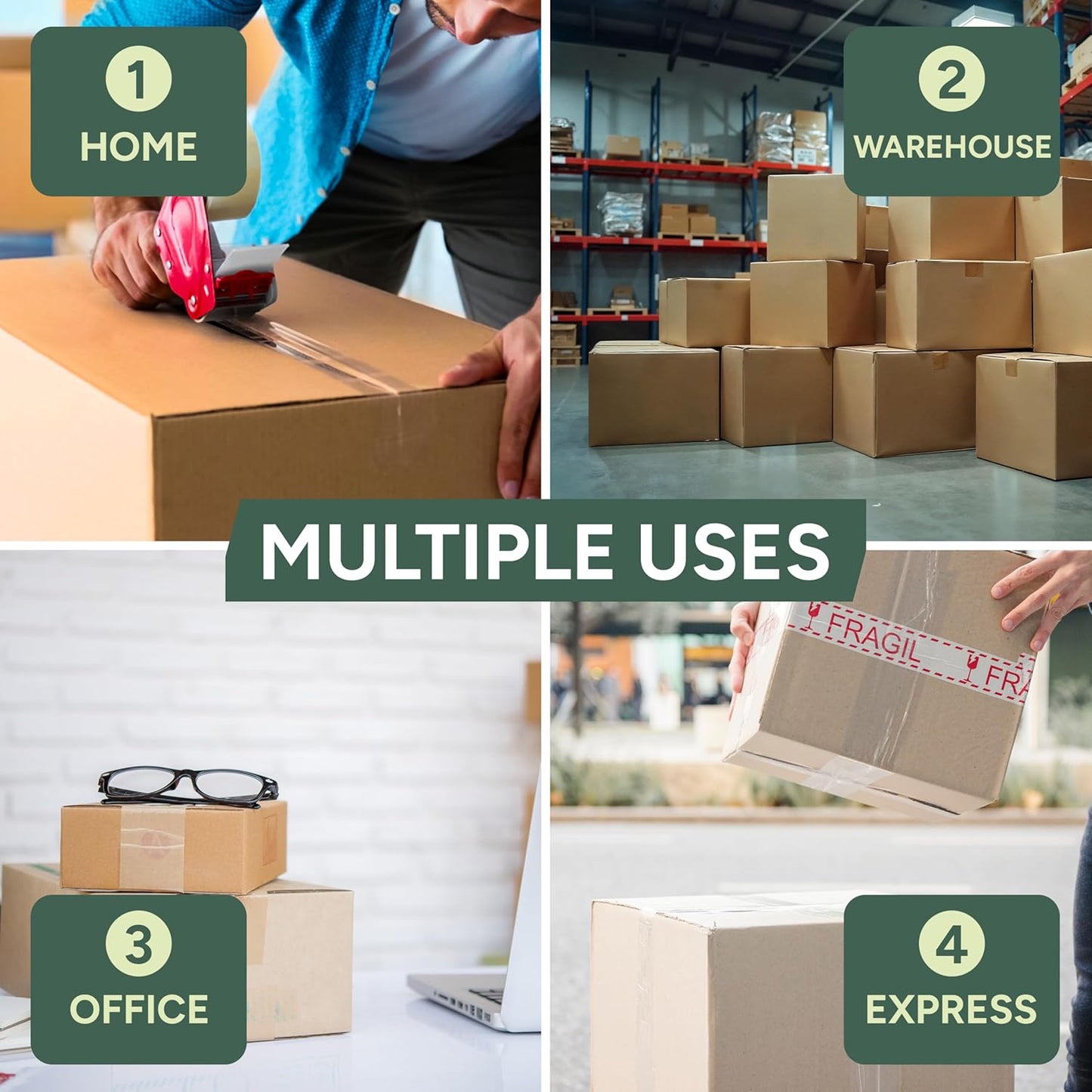 Heavy Duty Tape Dispenser with 6 Clear Packaging Tapes - 48cm X 66m - Metal Dispenser for Moving Boxes, Warehouses or General Packing