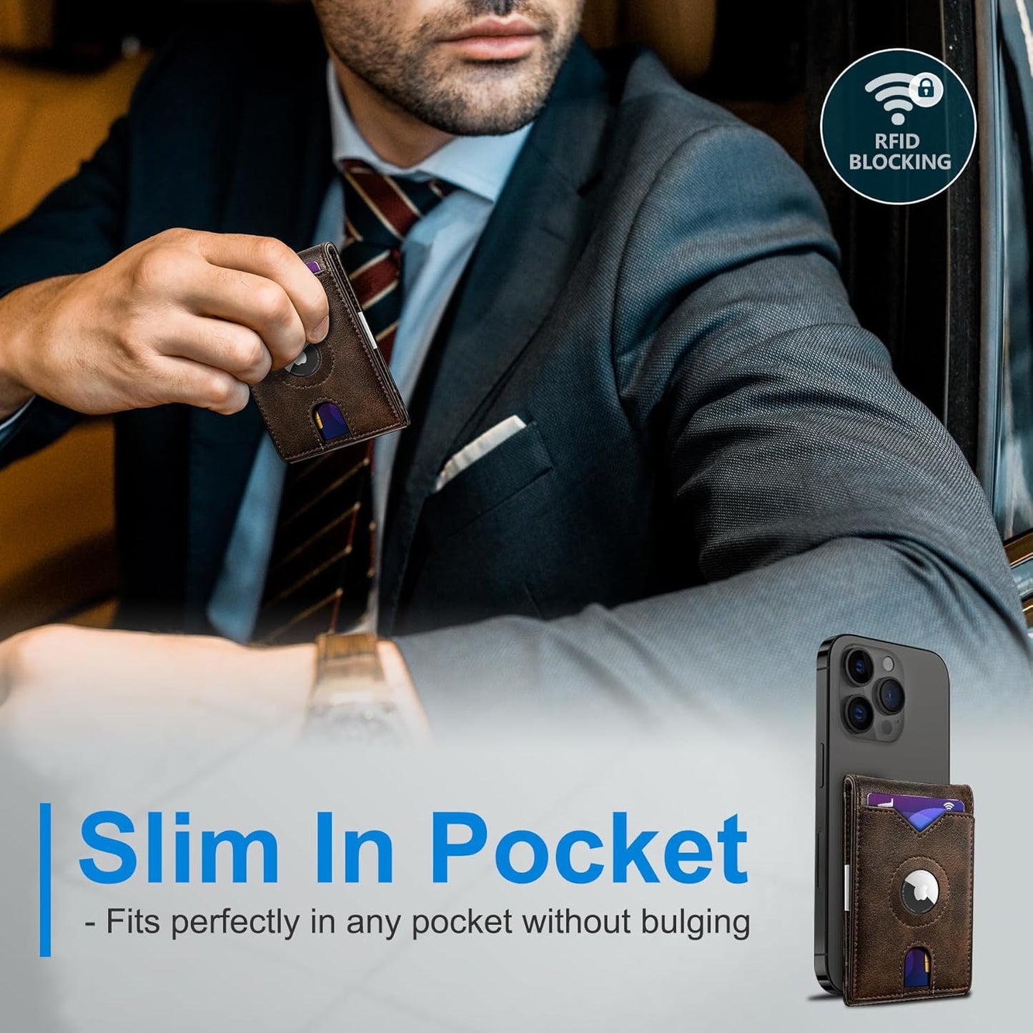 Airtag Wallet for Men,with Money Clip 11 Cards Slim Front Pocket Leather RFID Blocking Wallet with Gift Box