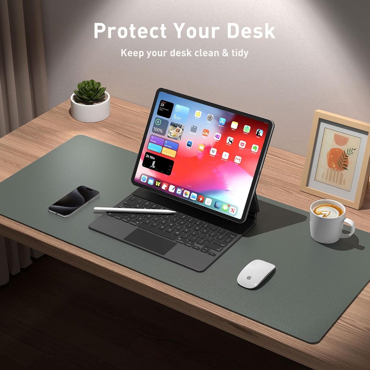 Aothia Leather Desk Pad Protector, Office Desk Mat, Large Mouse Pad, Non-Slip PU Leather Desk Blotter, Laptop Desk Pad, Waterproof Desk Writing Pad for Office and Home (48"x17", Jungle Green)