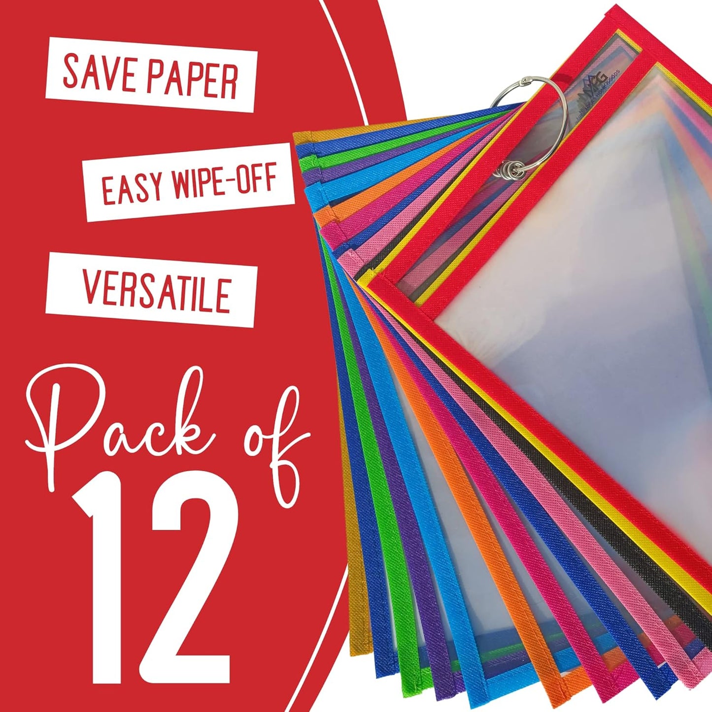 12 Packs Oversized Dry Erase Pockets Sleeves - 10 Assorted Colors with Binder Ring - Dry Erase Sheets Reusable - 10x14 Ticket Holders - Clear Plastic Sheet Protectors for Classroom Teacher Supplies