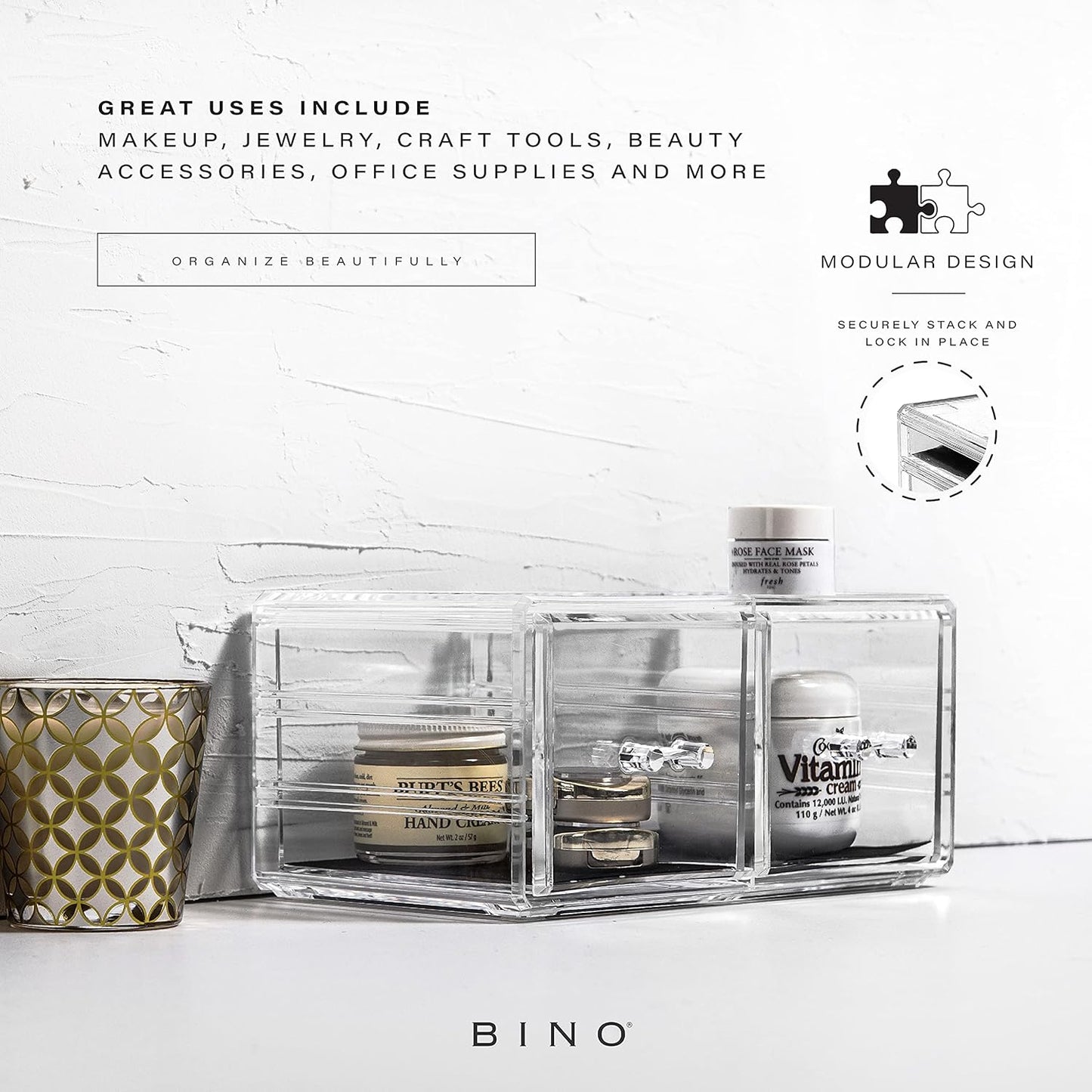 BINO THE MANHATTAN SERIES Acrylic Makeup Drawer Organizer- 2 Drawer Short | Clear Beauty Organizers and Storage| Cosmetic & Makeup Drawer| Home Organization| Jewelry & Vanity Accessories Drawers