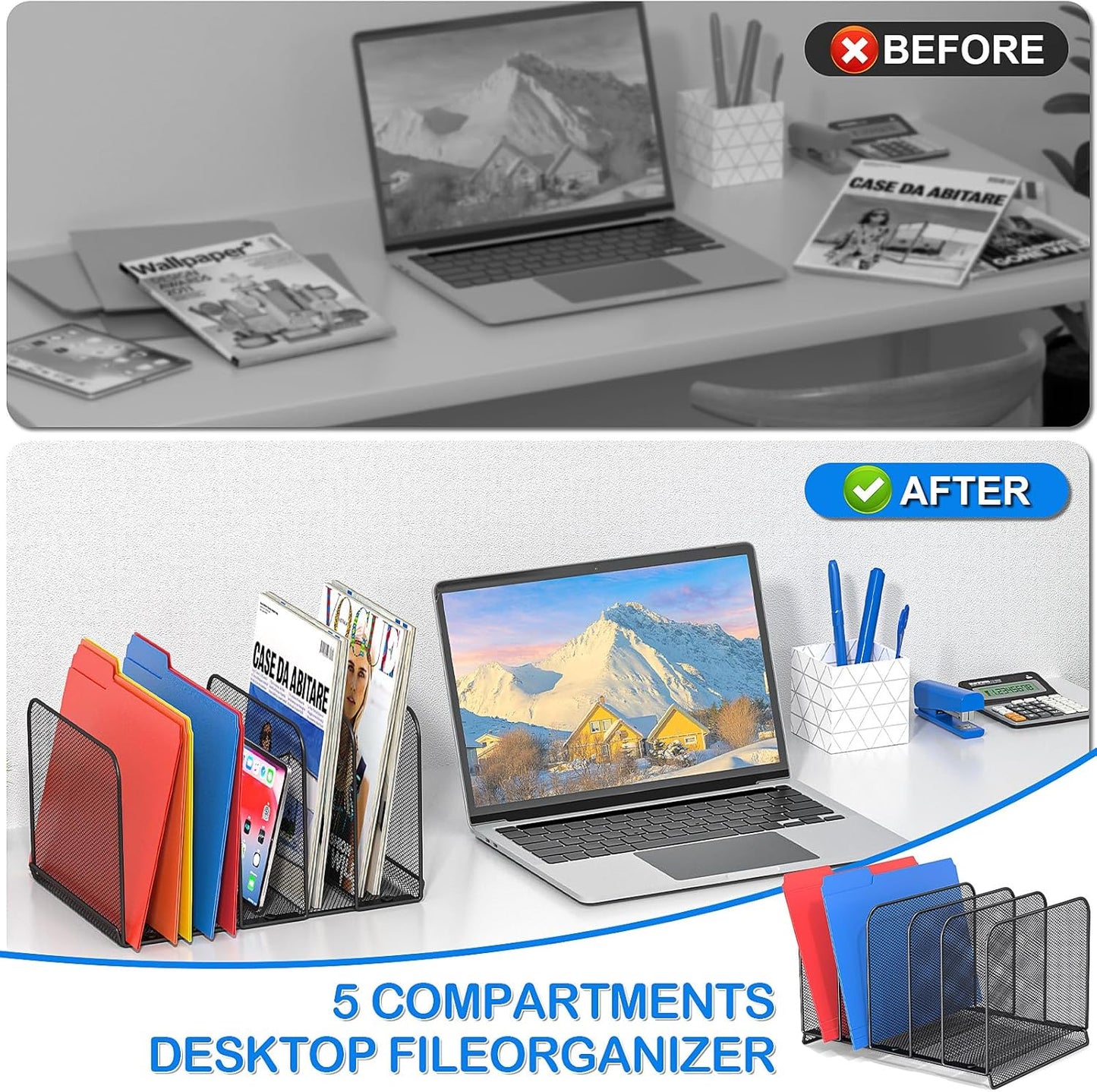 5 Sections Desk File Holder/Rack/Sorter,Mesh File Organizer,File Folder Organizer,Metal Upright Desktop Organization for Documents,Magazine,Kitchenware,Antiskid,Antirust,Sturdy,2 Packs