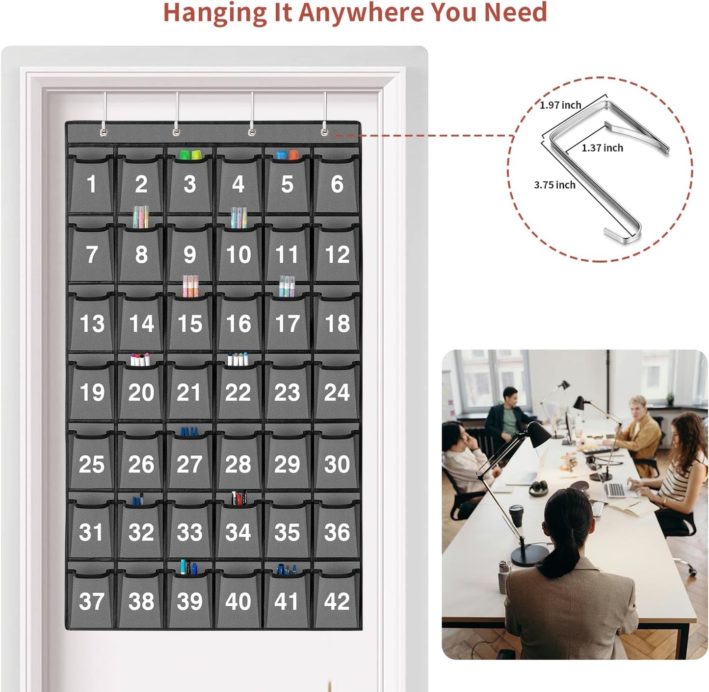 42 Pockets Numbered Classroom Pocket Chart for Cell Phones, Hanging Pocket Chart Storage for Classroom Phone Calculator Holder with 4 Hooks and 42 Clear Numbers Printing (Grey-42pockets)