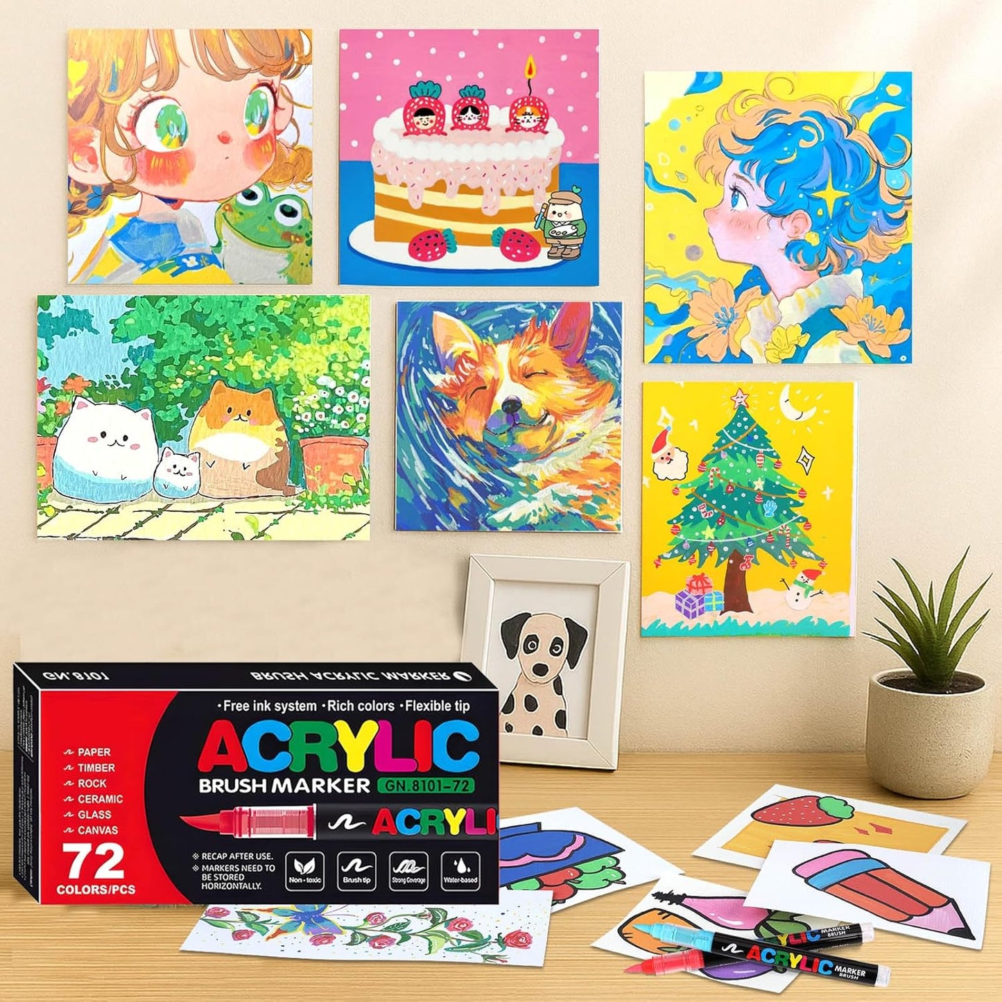 72 Acrylic Paint Markers, Soft Brush Tip Acrylic Markers for Rock Painting, Wood, Stone, Glass, Canvas, Fabric, Ceramic - Brush Tip Water Based Pens