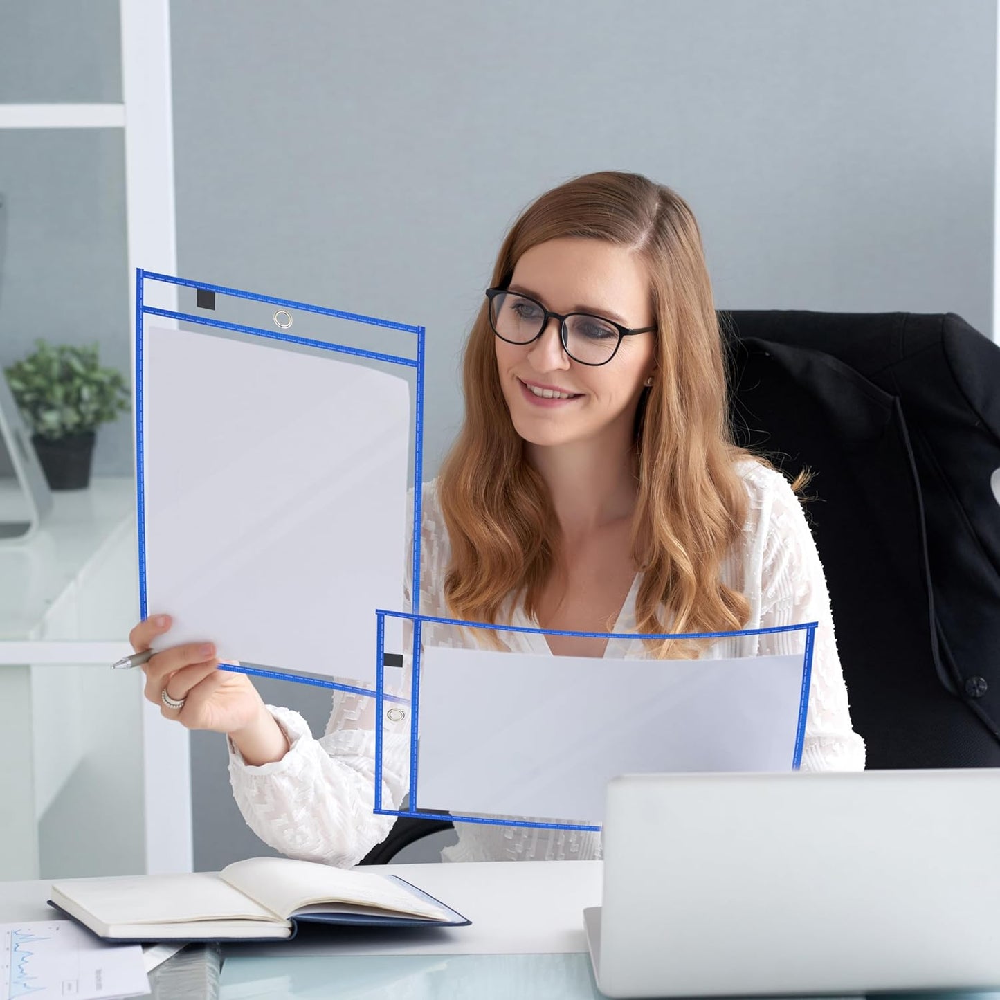 100 Pack Dry-Erase Pockets Sleeves Bulk Job Ticket Holders Oversized Reusable10x14 Blue Plastic Sheet Page Protectors, Heavy Duty Clear Work Pockets, Teacher School Classroom Supplies