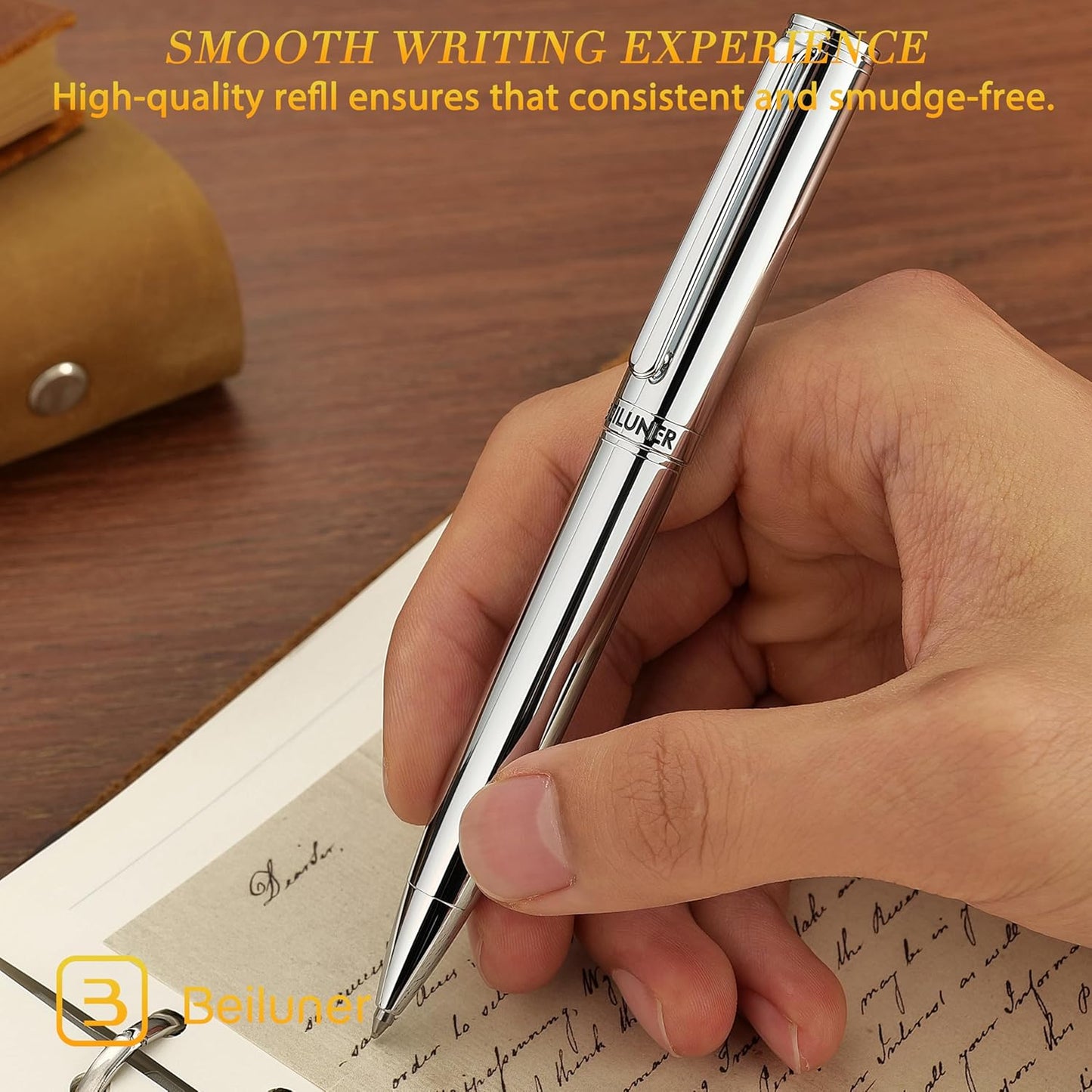 BEILUNER Silver Gel Pen - Luxury Featuring Bright Chrome Finishes, Black Ink Refill, Best Pen Gift Set for Men & Women, Business Signature, Executive, Office Retractable,Nice Fancy Designer Pens