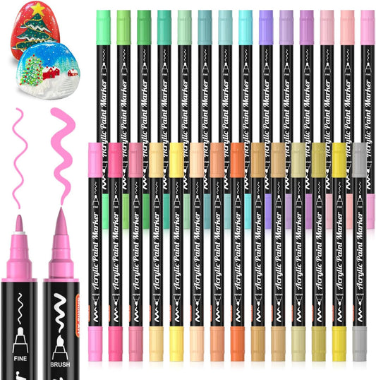 28 Pastel Colors Dual Tip Acrylic Paint Markers, Brush Tip and Fine Tip Acrylic Paint Pens for Rock Painting, Ceramic, Wood, Canvas, Plastic, Glass, Stone, Calligraphy, Card Making, DIY Crafts