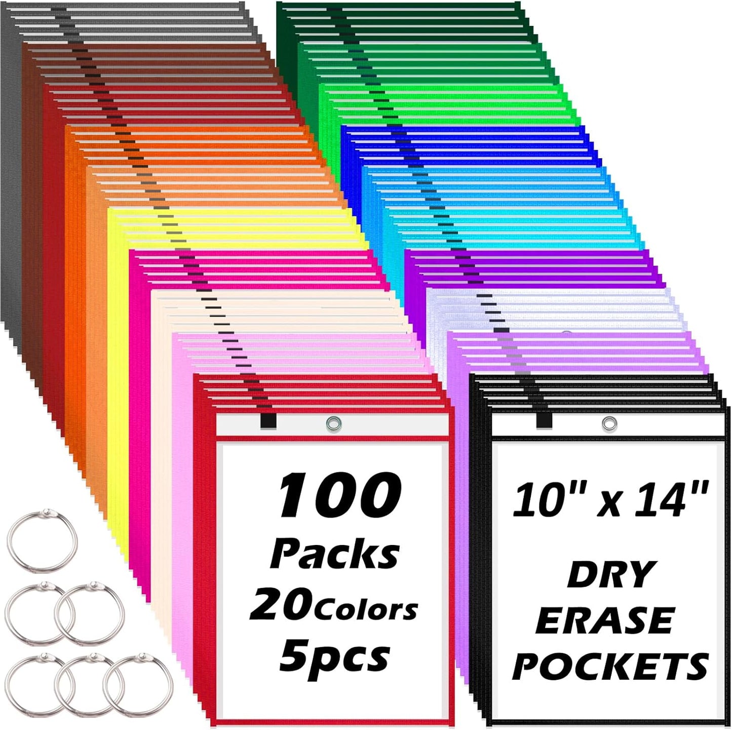 100 Packs Oversized Reusable Dry Erase Pocket Sleeves with 6 Rings, 20 Assorted Colors 10x14 Ticket Holders, Clear Plastic Sheet Protectors, Teacher School Classroom Supplies