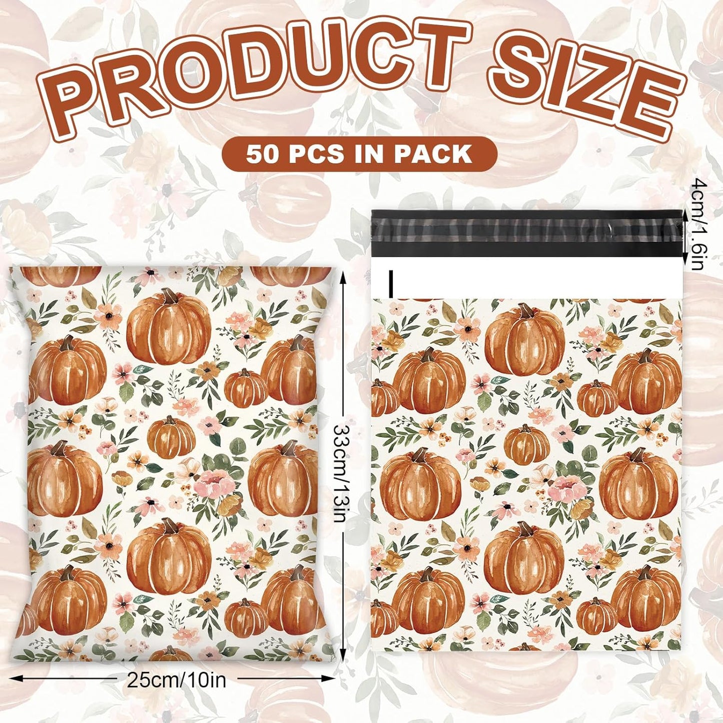 50Pcs Fall Poly Mailers 10 x 13 Inch Watercolor Floral Pumpkin Packaging Bags Autumn Self Seal Mailing Envelope Bags for Harvest Thanksgiving Small Business Clothing