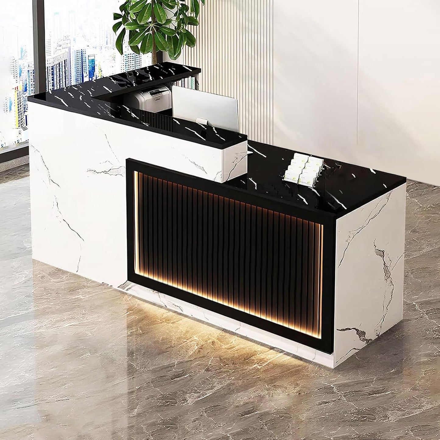 Modern Reception Desk with Counter and Drawer Office Front Desk with Cabinet Wooden Commercial Reception Table Checkout Counter for Retail Salon Lobby White and Black Right 63inch/160cm