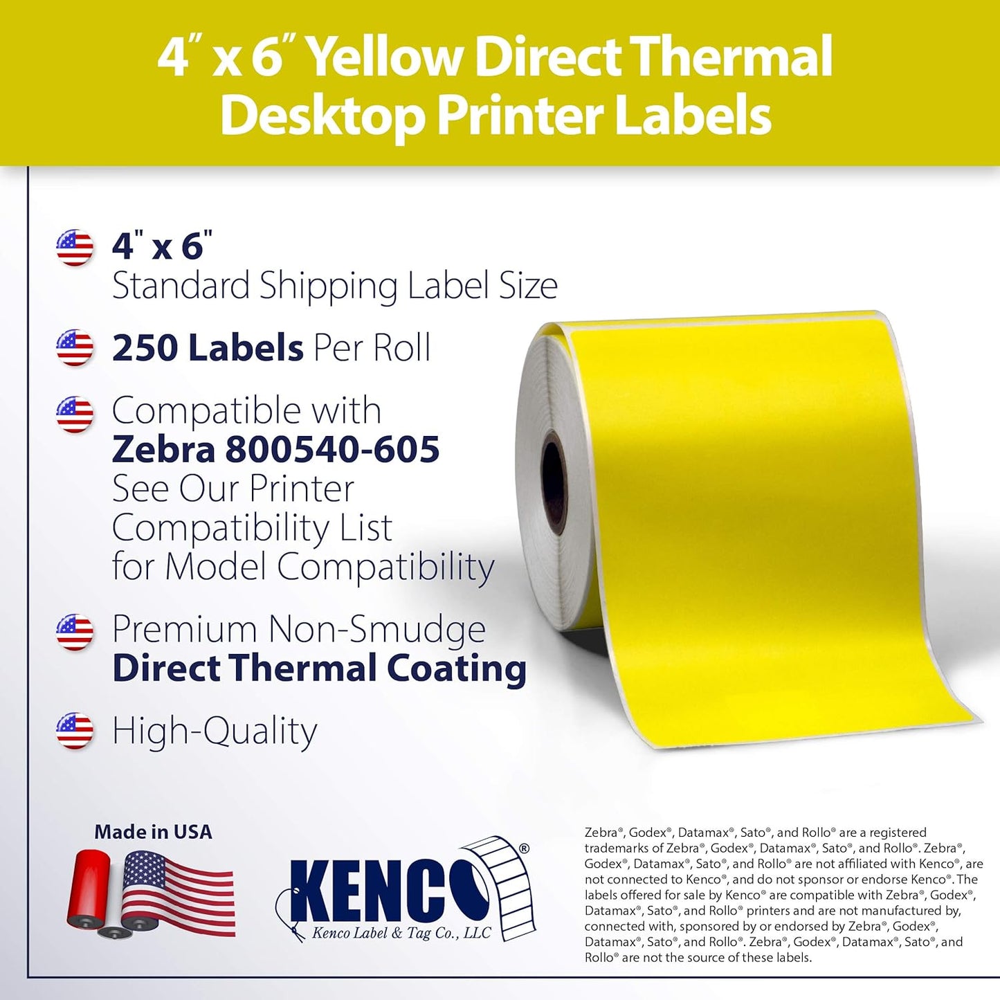 4" X 6" Direct Thermal Perforated Stickers Labels for Shipping Labels, Inventory, and Color Coding - Compatible with Zebra, Rollo, Godex and More (Yellow, 6 Rolls)