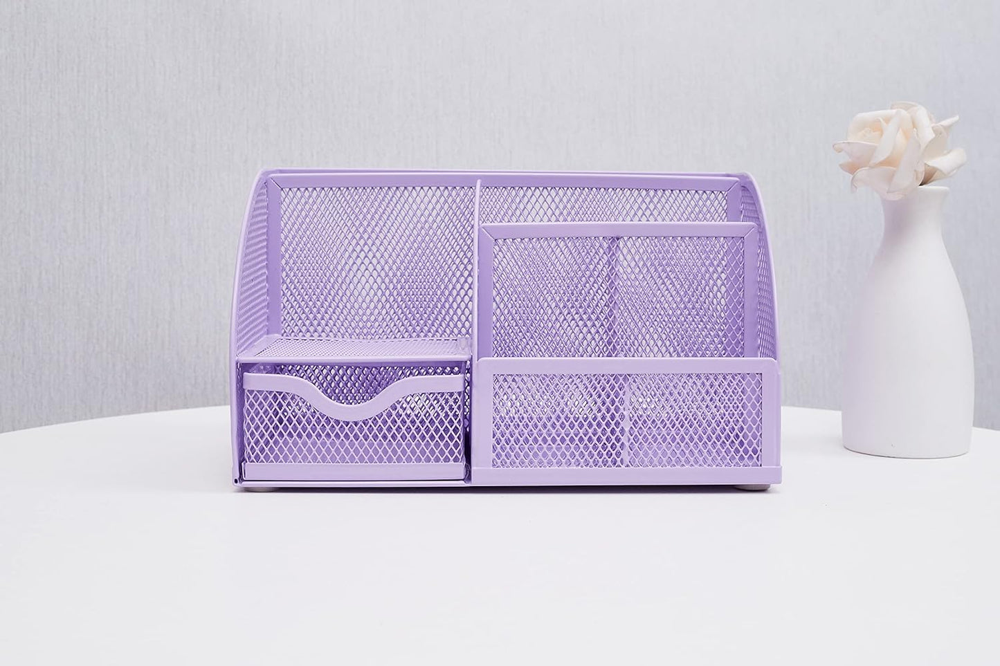 Annova Mesh Desk Organizer Office with 7 Compartments + Drawer/Desk Tidy Candy/Pen Holder/Multifunctional Organizer (Light Purple)