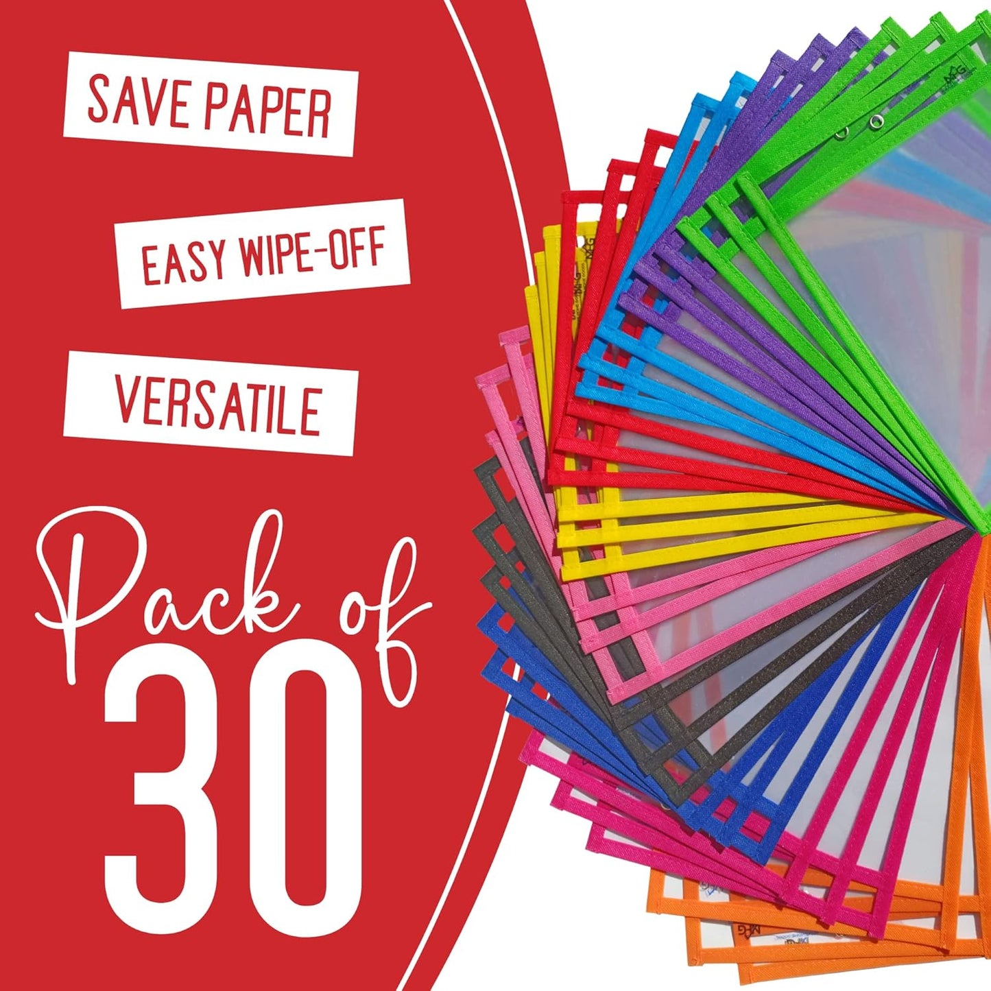 30 Packs Oversized Dry Erase Pockets Sleeves - 10 Assorted Colors with 2 Binder Rings - Dry Erase Sheets Reusable - 10x14 Ticket Holders - Clear Plastic Sheet Protectors for Classroom Teacher Supplies