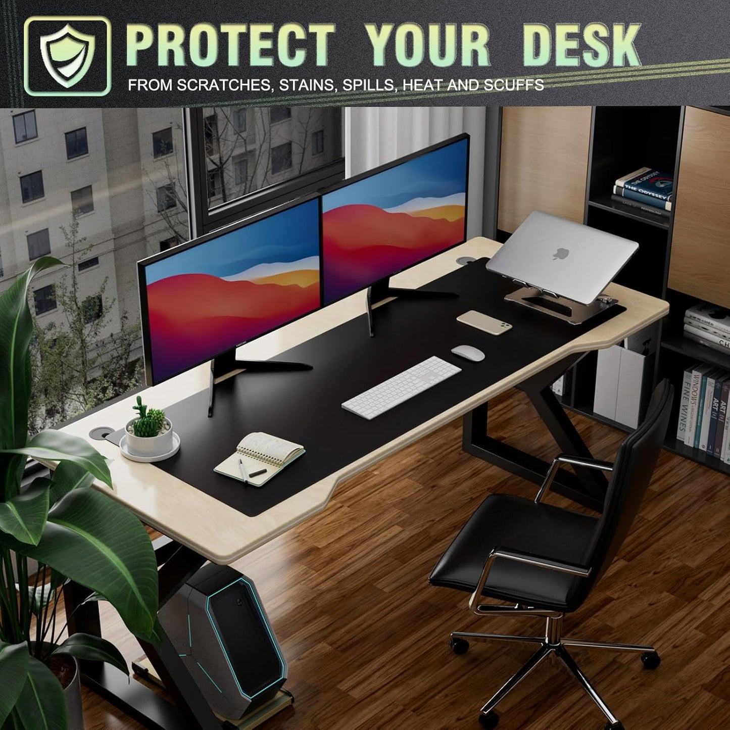 K KNODEL Large Office Leather Desk Mat, Mouse and Keyboard Pad, Computer and Laptop Mat, Desktop Protector and Cover, Writing Pad and Blotter (47.2"x17", Black)