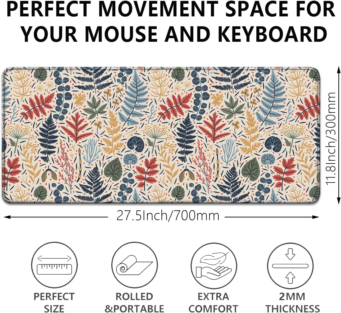 Bohemian Leaves Mouse Pad,Large Vintage Abstract Mousepad Desk Pad with Stitched Edges,Non-Slip Waterproof Rubber Base Mouse Mat for Office Computer Keyboard Laptop Home(27.5x11.8 in)