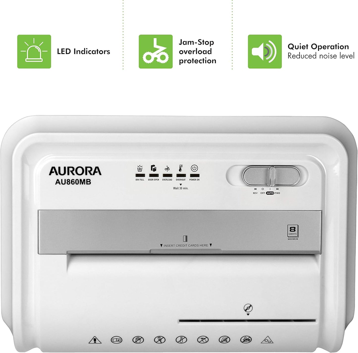 Aurora High-Security 8-Sheet Micro-Cut Paper, CD/DVD and Credit Card Shredder, White/Gray